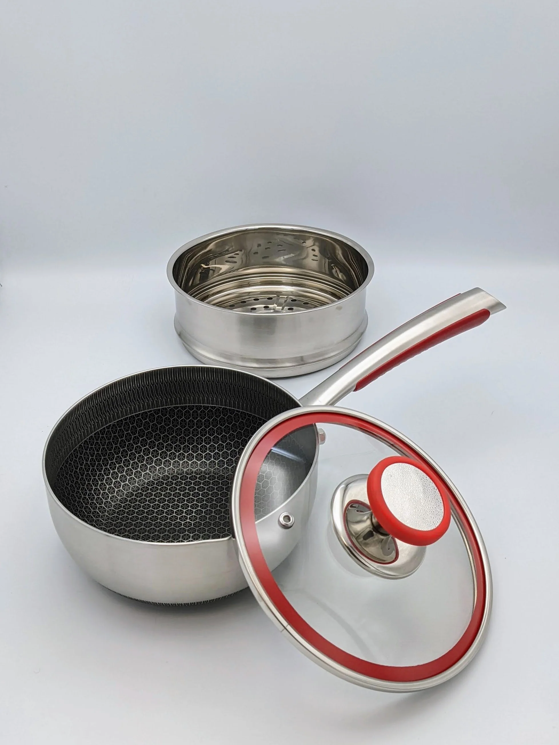SUS Hybrid Sauce Pan: 18cm with s/s Steamer and glass lid | BC-HW18SPG+S - Inhomebuy