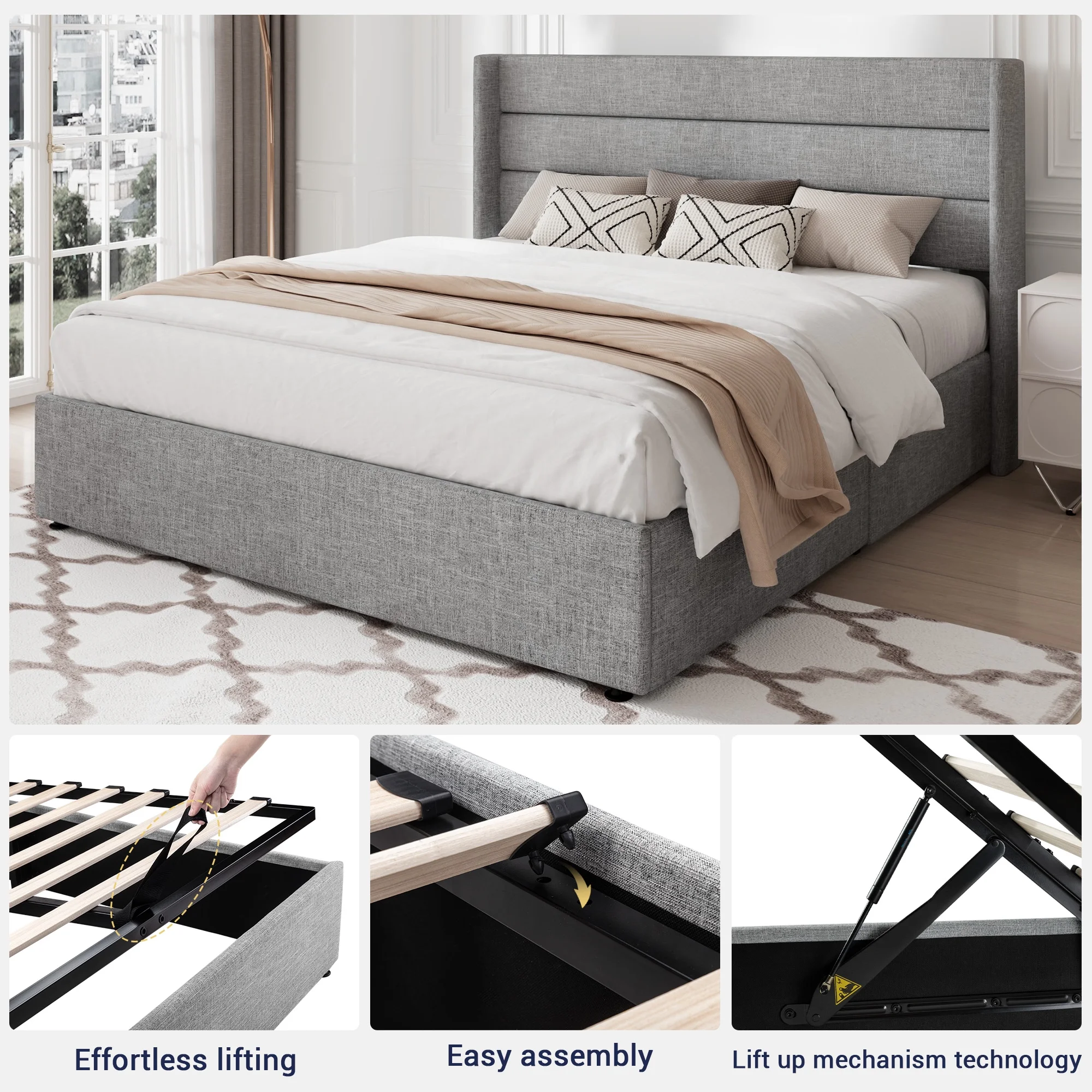 Allewie Queen Size Lift Up Platform Storage Bed Frame with Pannel Wingback Headboard, Light Beige - Inhomebuy