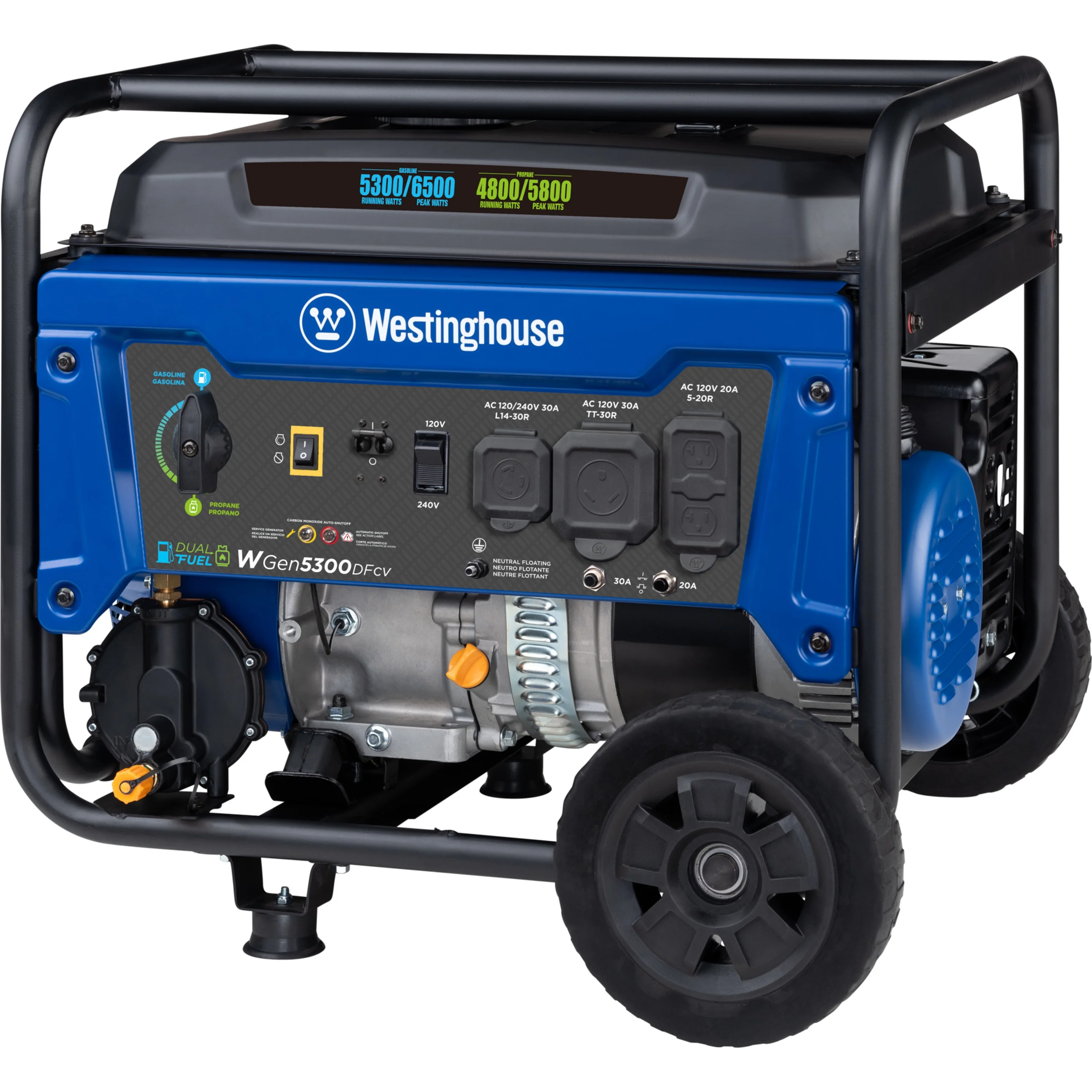 Westinghouse 6500 Peak Watt Home Backup Dual Fuel Portable Generator with CO Sensor and Wheel Kit - Inhomebuy