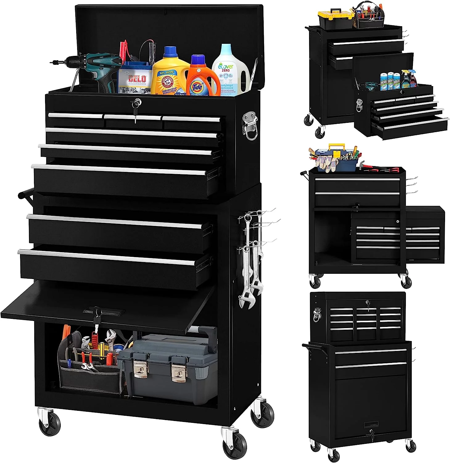 2-IN-1  Tool Chest & Cabinet, Large Capacity 8-Drawer Rolling Tool Box Organizer with Wheels Lockable Craft, Black - Inhomebuy