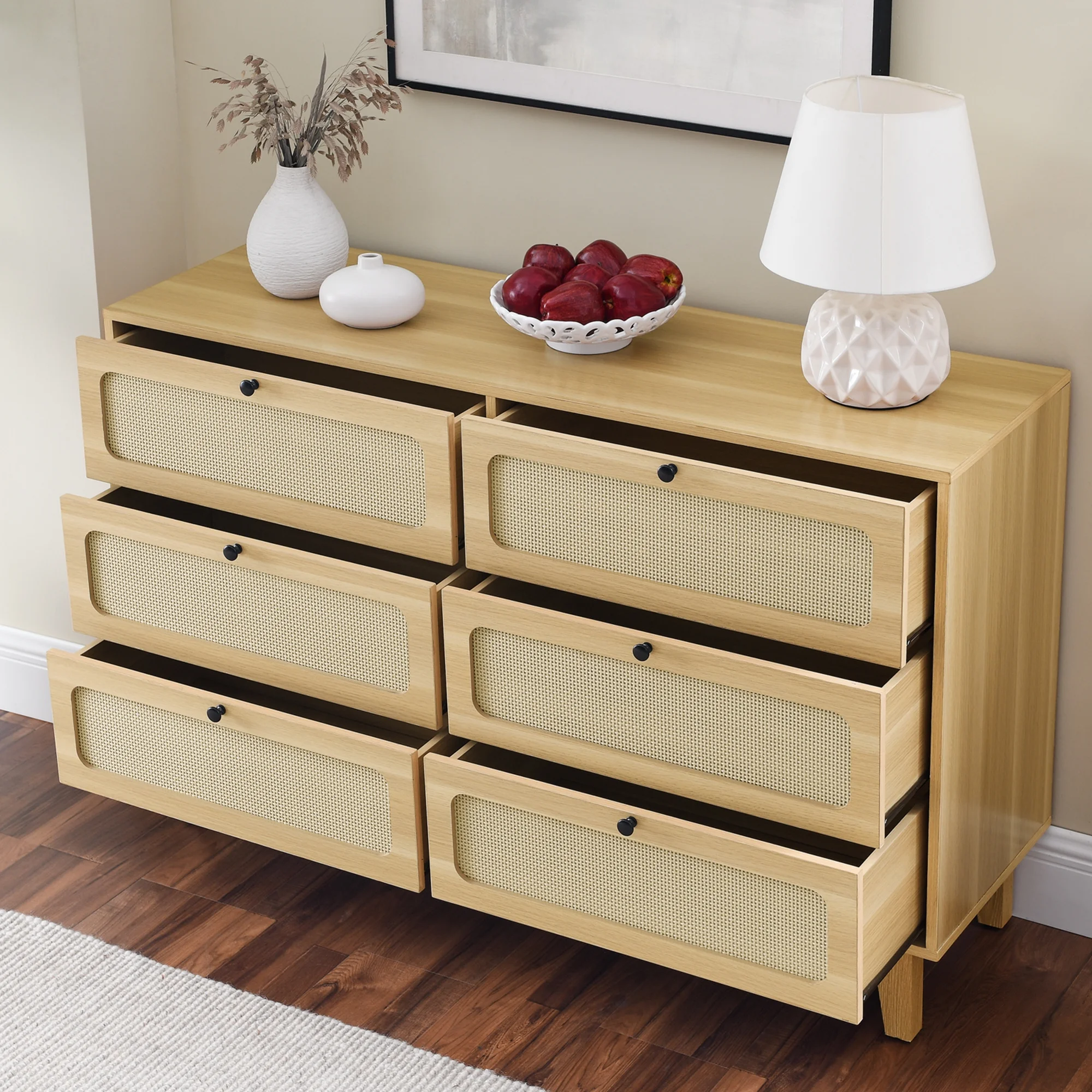 6 Drawer Rattan Dresser, Modern Dresser with Rattan Drawers, Farmhouse Chest of Drawers for Hallway, Living Room, Bedroom - Inhomebuy