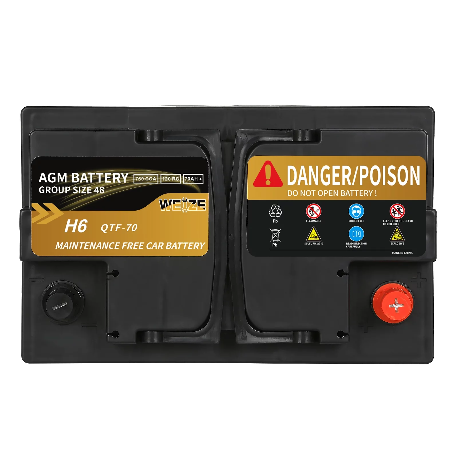 Weize Platinum AGM Battery BCI Group 48-12v 70ah H6 Size 48 Automotive Battery, 120RC, 760CCA, 36 Months Warranty - Inhomebuy