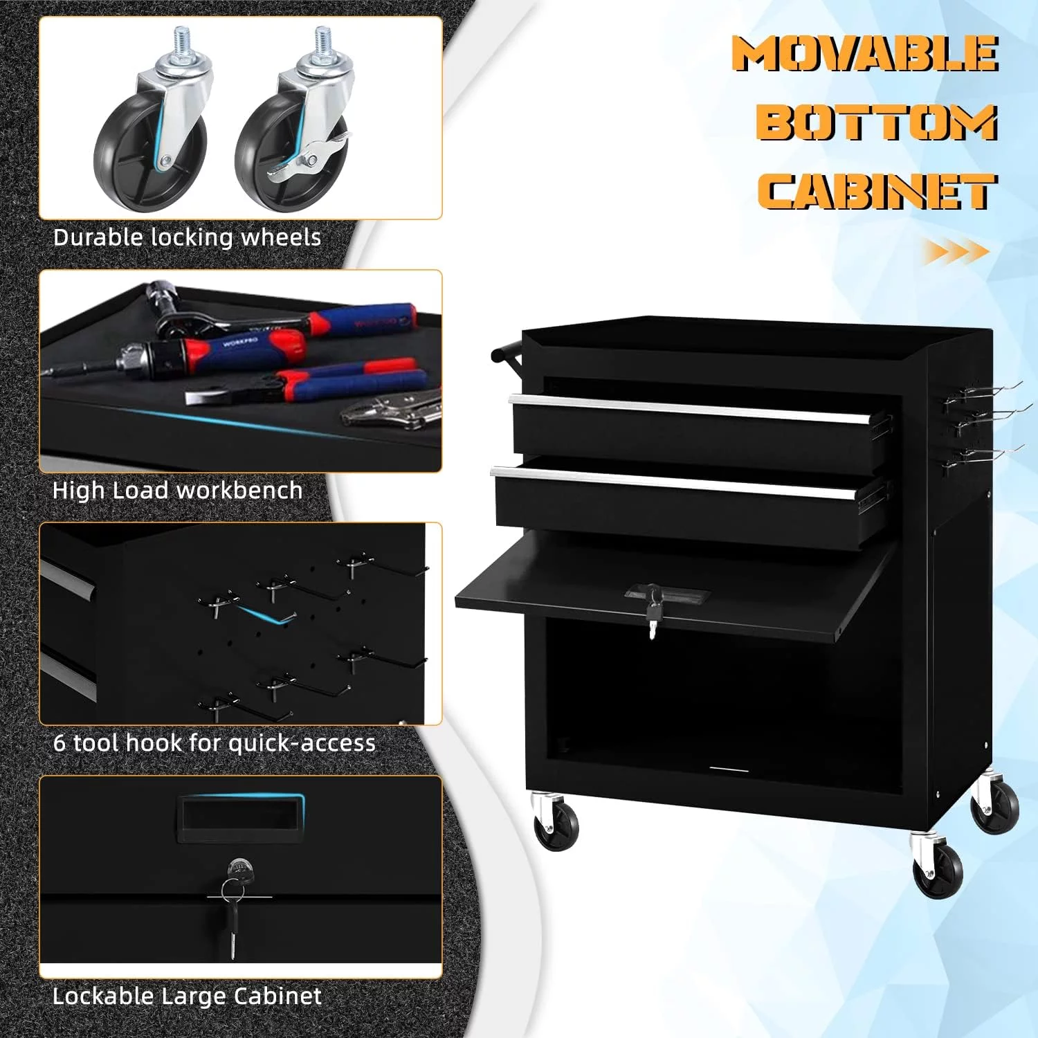 8-Drawer Rolling Tool Chest Metal Tool Box Lockable Storage Cabinet with Wheels, Black - Inhomebuy