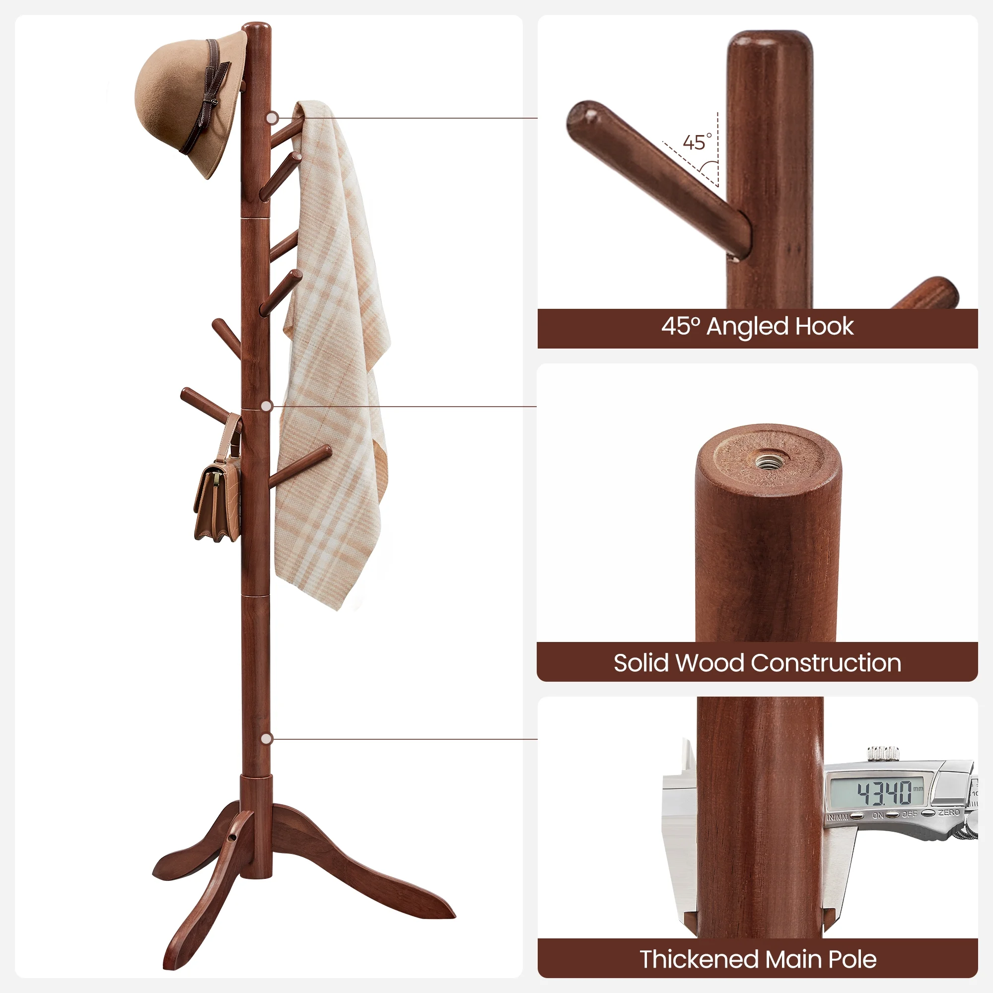 VASAGLE 8 Hooks Coat Rack Solid Wood Free Standing Coat Rack with Tree-Shaped Coat Rack 3 Height Options for Clothes Hats Bags for Living Room Bedroom Home Office Dark Walnut - Inhomebuy
