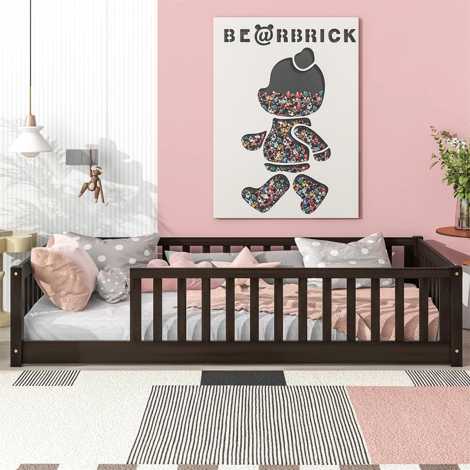 Twin Floor Bed Frame for Toddler, Montessori Floor Bed with Fence and Wood Slats, Low Wood Platform Beds for Girls Boys Kids Happy Time, White - Inhomebuy