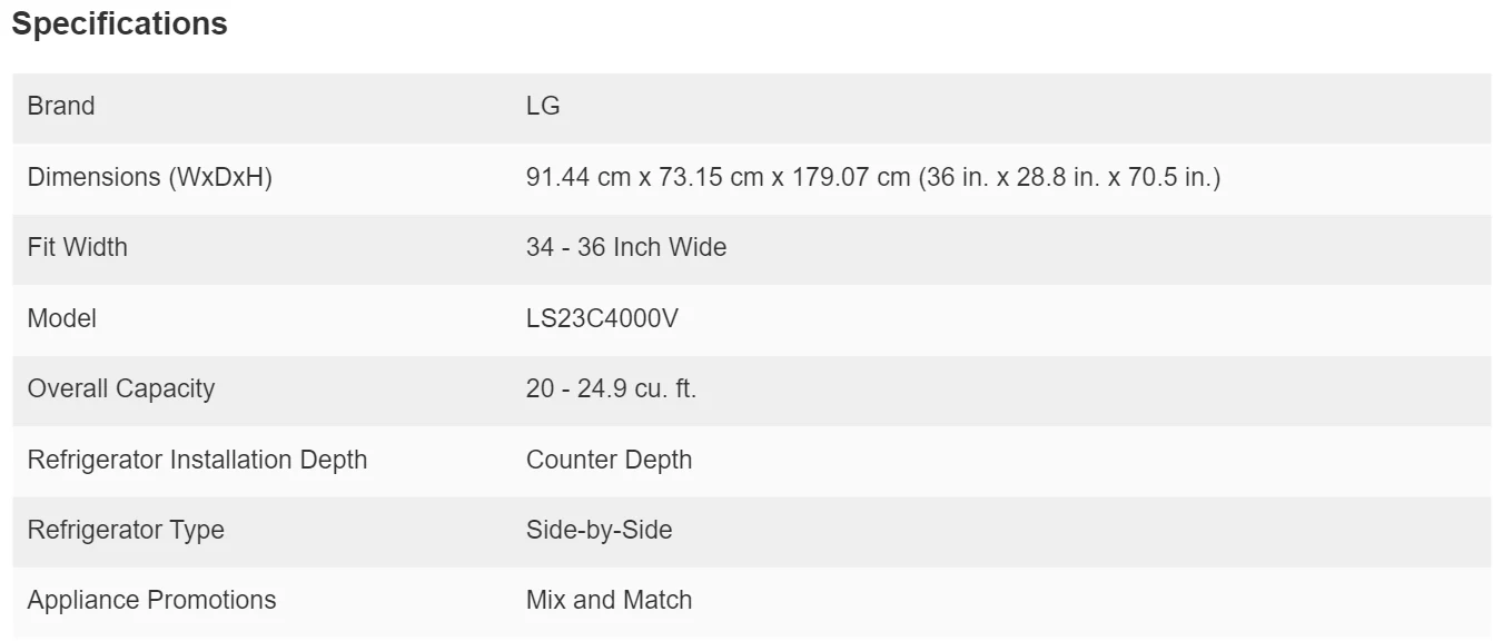 LG 36 IN. 23 CU. FT. COUNTER DEPTH SIDE BY SIDE REFRIGERATOR WITH DOOR COOLING+ - LS23C4000V - Inhomebuy