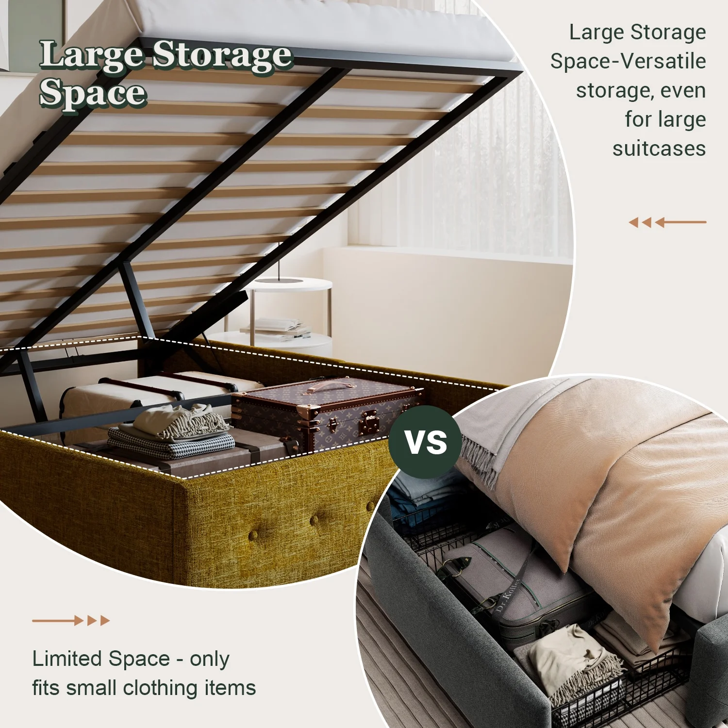 Amolife King Size Upholstered Lift up Storage Platform Bed Frame with Channel Wingback Headboard, Beige, Adult - Inhomebuy