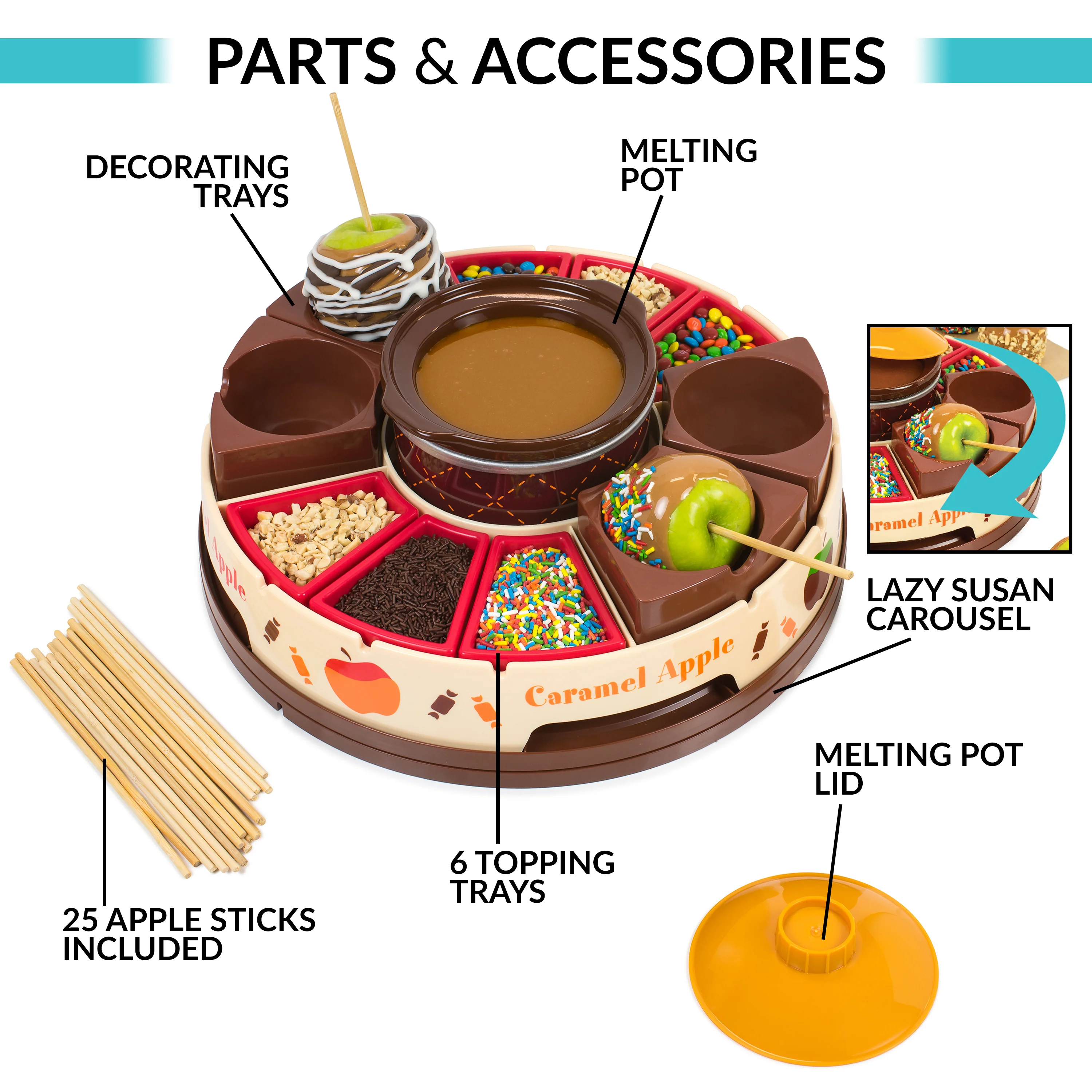 Lazy Susan Chocolate & Caramel Apple Party with Heated Fondue Pot, 25 Sticks, Decorating and Toppings Trays - Inhomebuy