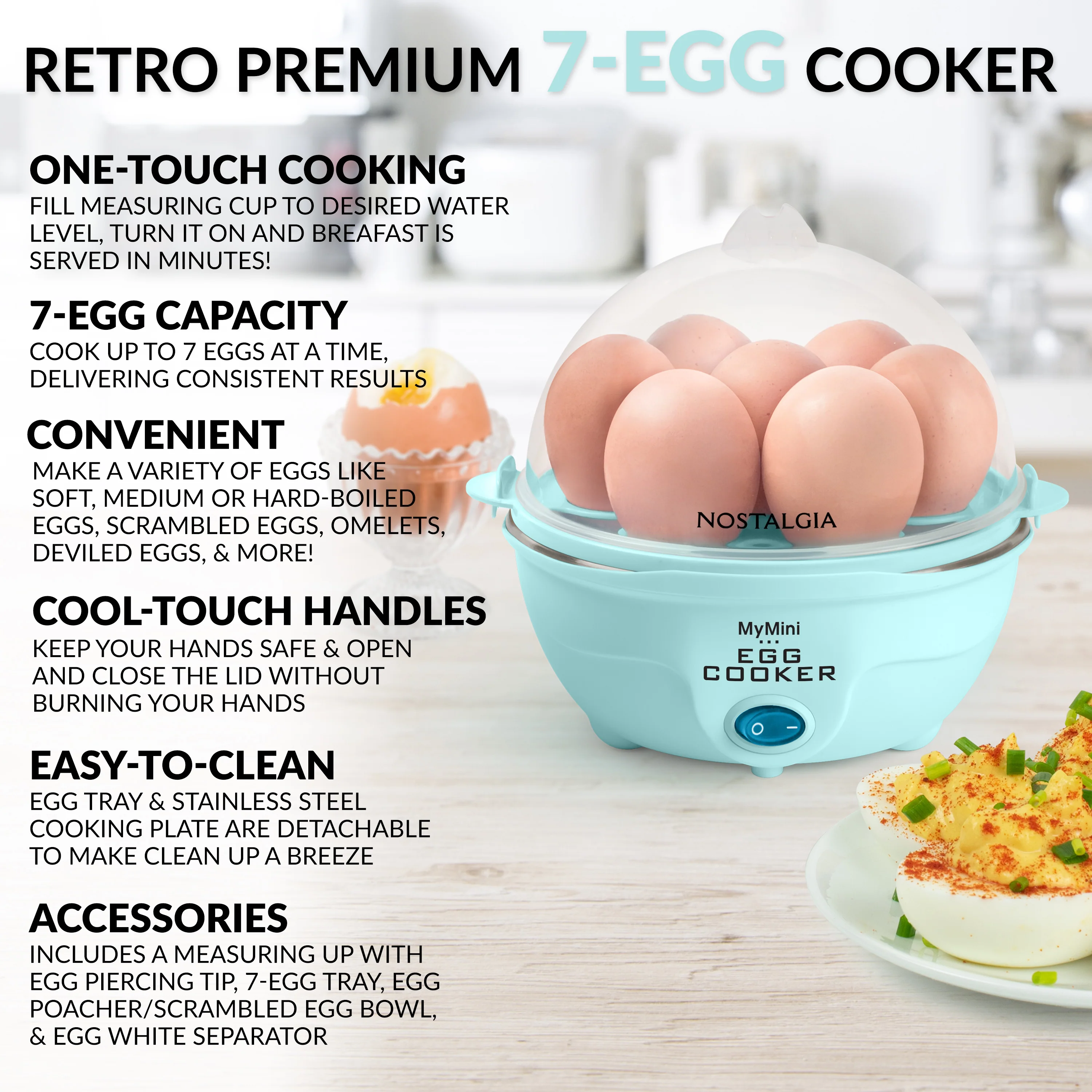 Retro Premium 7-Egg Capacity Electric Egg Cooker, Aqua - Inhomebuy
