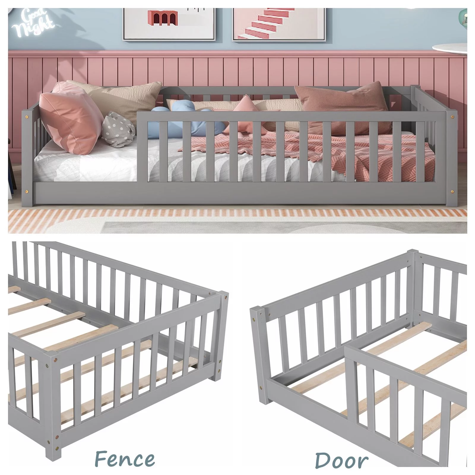 Twin Floor Bed Frame for Toddler, Montessori Floor Bed with Fence and Wood Slats, Low Wood Platform Beds for Girls Boys Kids Happy Time, White - Inhomebuy