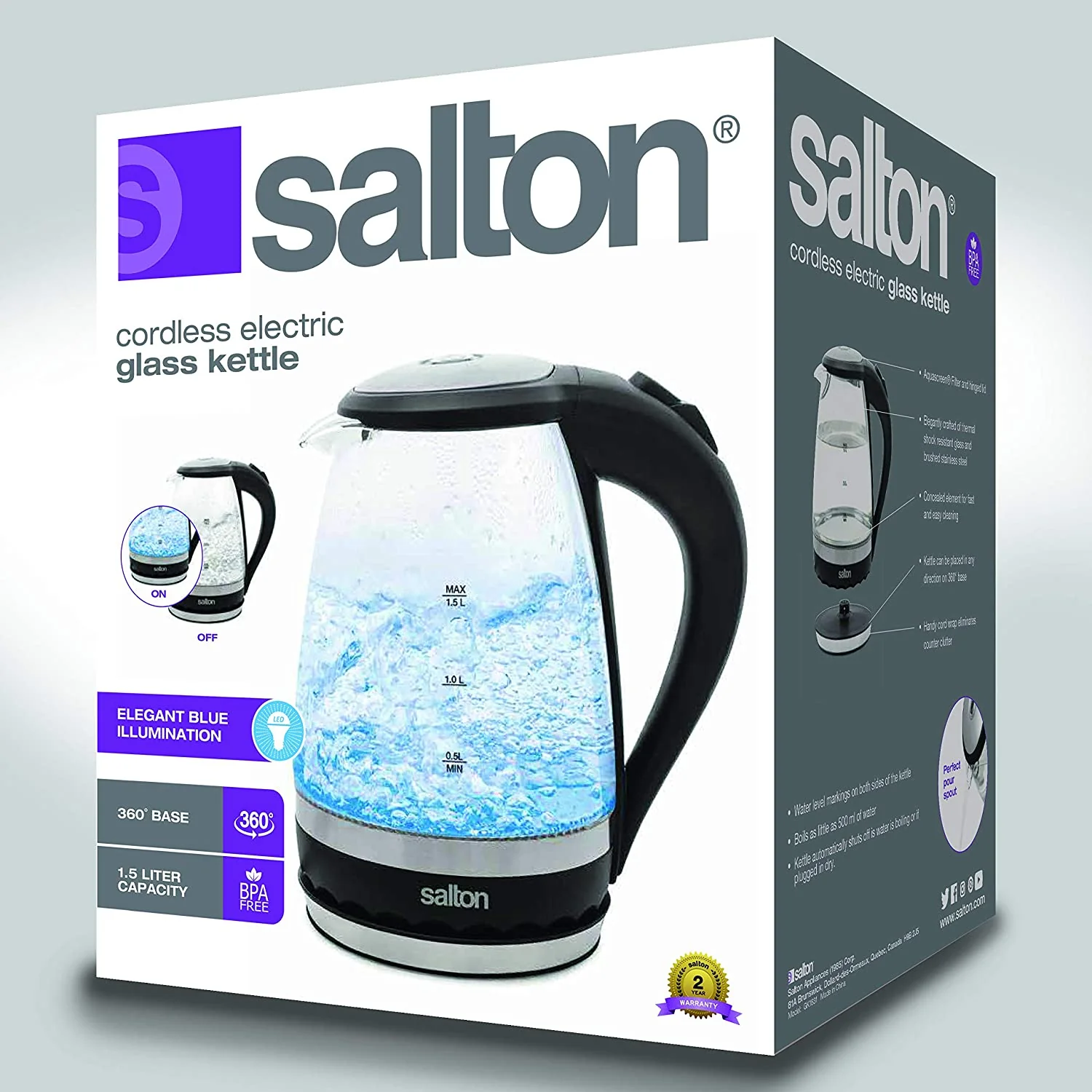 Salton cordless Kettle: 1.5L, 1100W, glass body w/black trim | GK-1831 - Inhomebuy