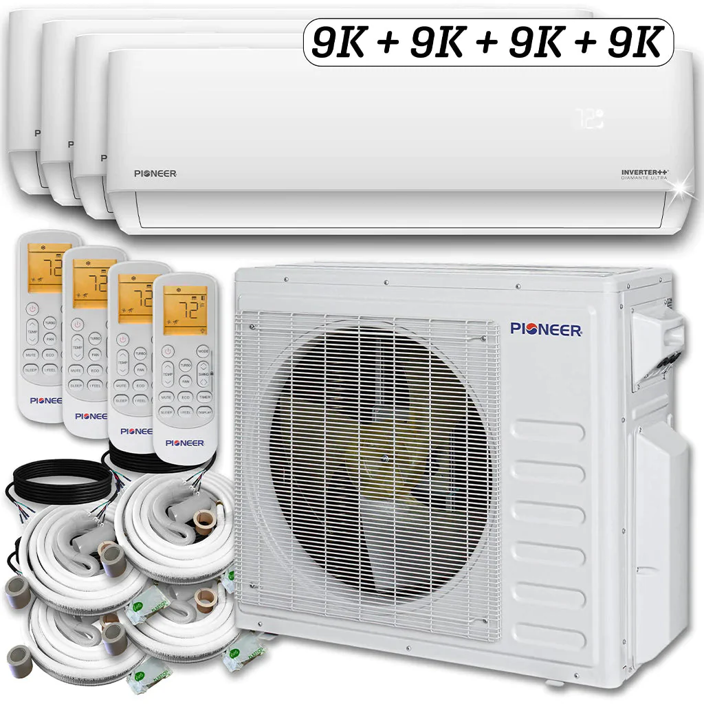 Pioneer® Mini Split 36,000 BTU 4 Zone Ductless Air Conditioner and Heat Pump with 50 ft. Kits, WYT040GLHI22M4-9W-9W-9W-9W-50 - Inhomebuy