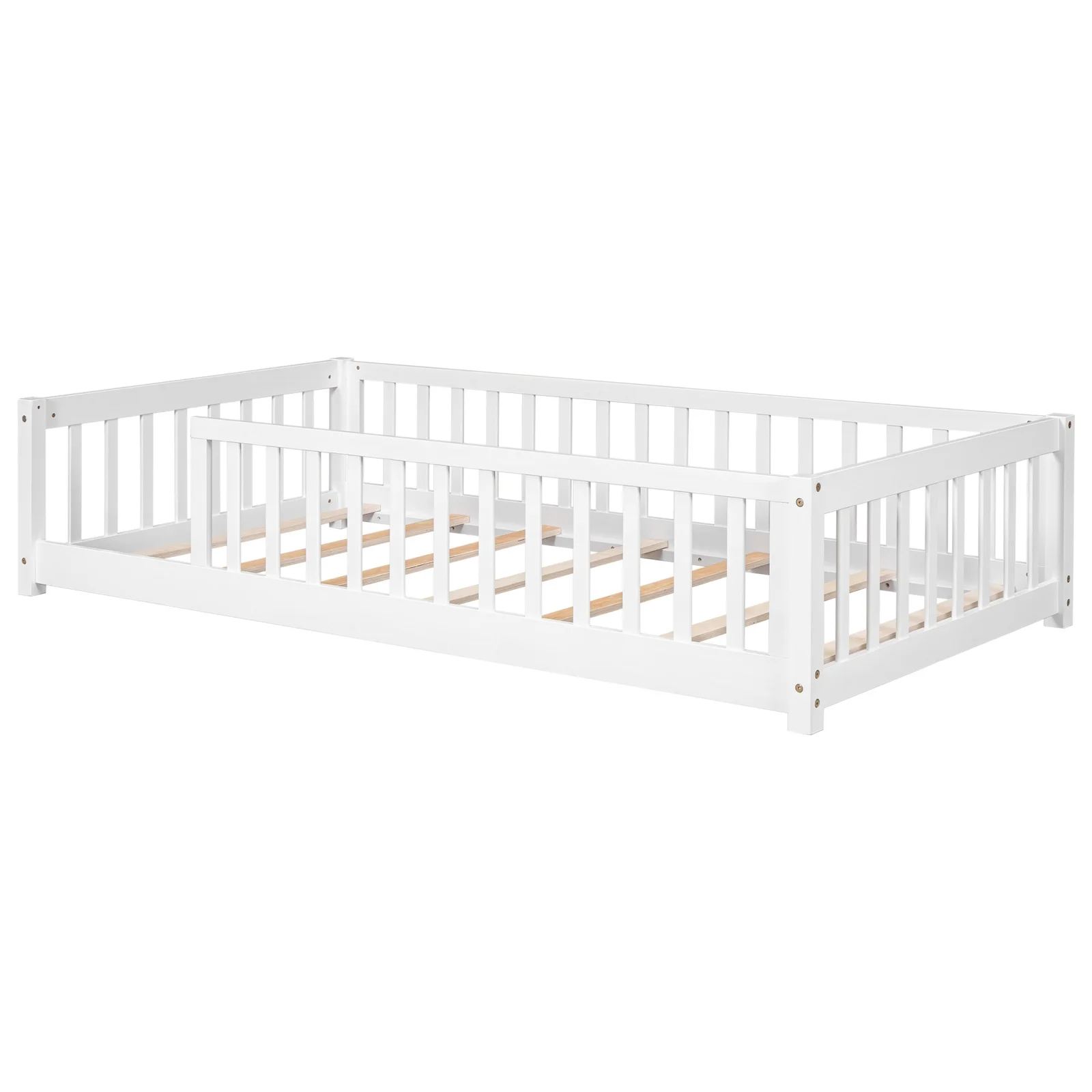 Twin Floor Bed Frame for Toddler, Montessori Floor Bed with Fence and Wood Slats, Low Wood Platform Beds for Girls Boys Kids Happy Time, White - Inhomebuy
