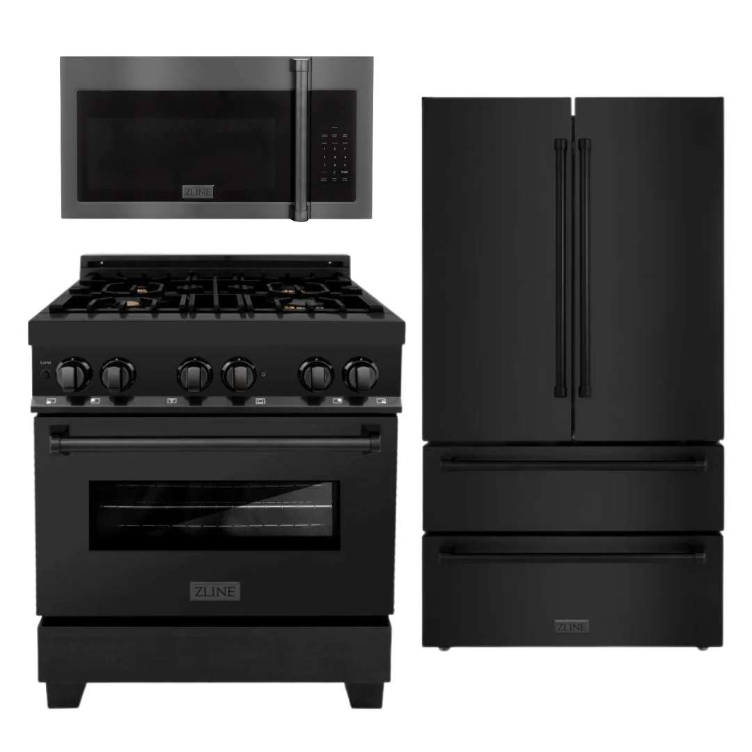 ZLINE Appliance Package - 30 in. Dual Fuel Range, Microwave, Refrigerator in Black Stainless, 3KPR-RABOTRH30 - Inhomebuy