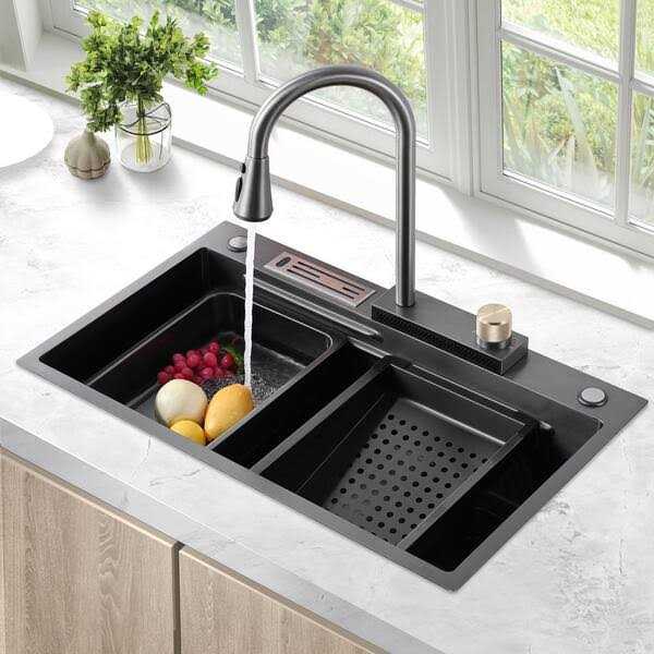 YASINU Zero Radius Drop-in 16G Stainless Steel 30 in. 4-Hole Single Bowl Workstation Waterfall Kitchen Sink - Inhomebuy