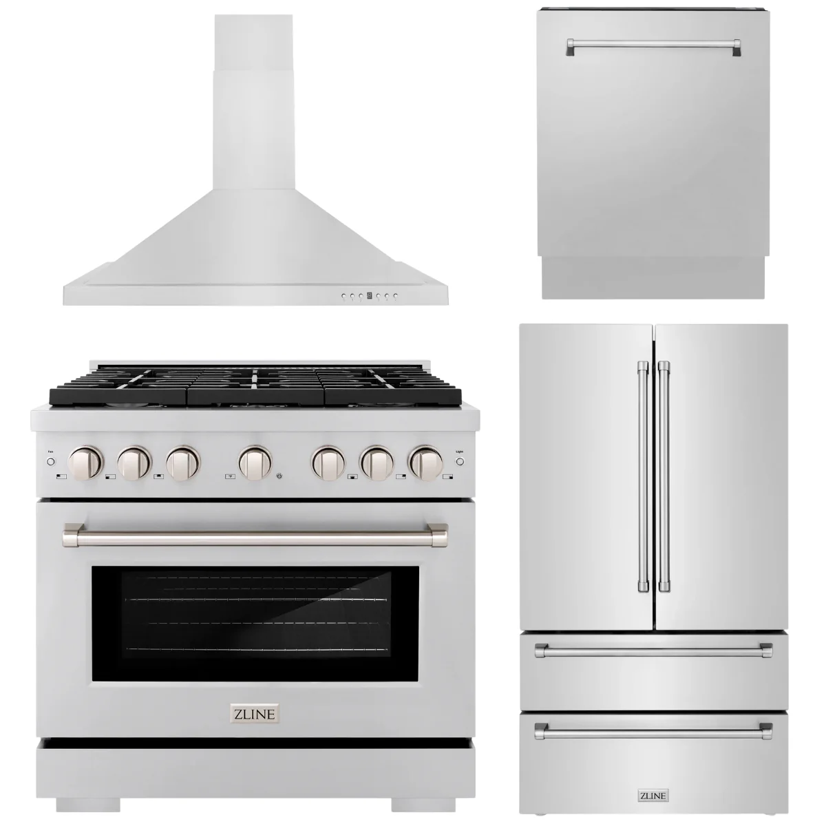 ZLINE Appliance Package - 36 Inch Gas Range, Range Hood, 3 Rack Dishwasher, Refrigerator, 4KPR-SGRRH36-DWV - Inhomebuy