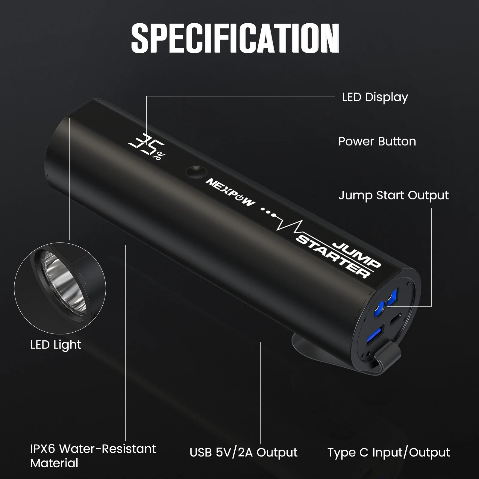 NEXPOW Car Jump Starter with LED Flashlight, 2500A Peak 18000mAh Battery Jump Starter (up to 8.5L Gas and 6.5L Diesel Engine), 1500 Lumen Flashlight and 12V Jump Box - Inhomebuy