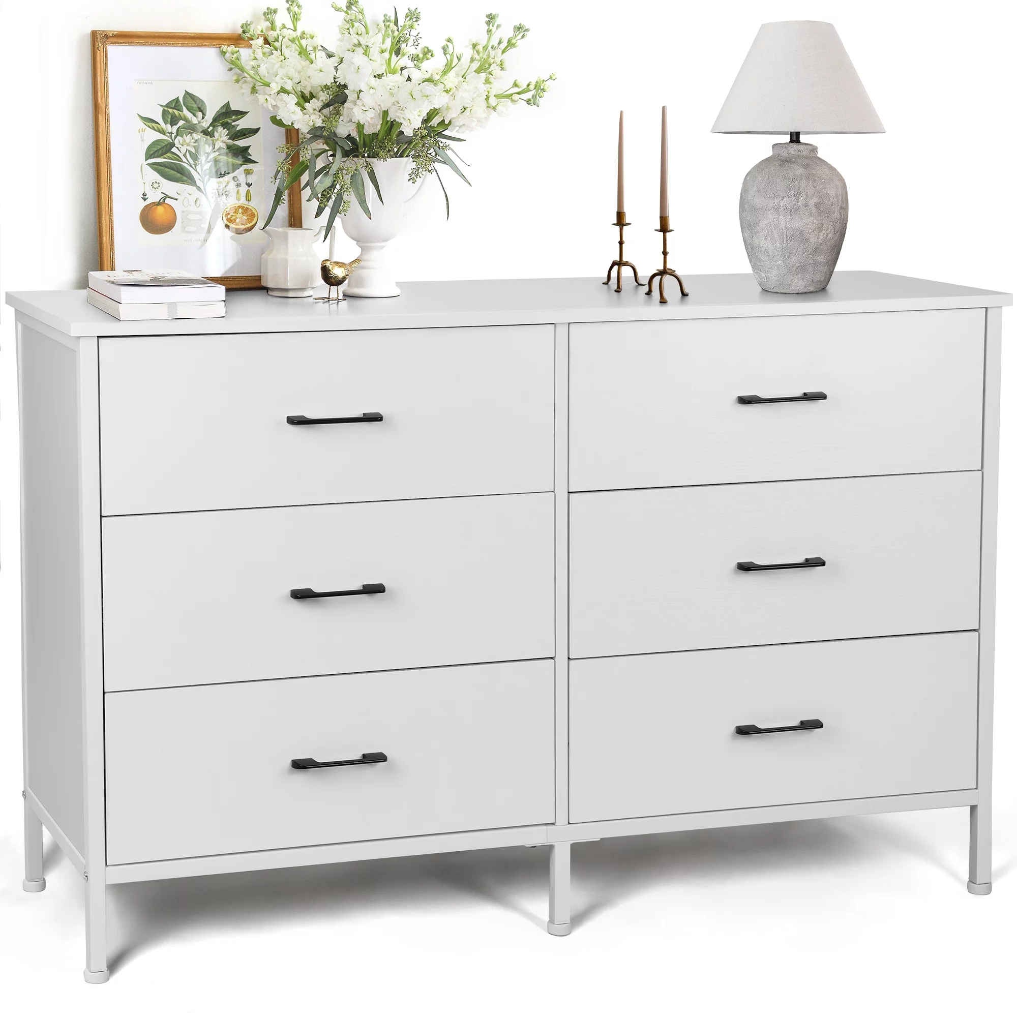 47.3'' Drawer Dresser Chest of 6 Drawers, Storage Dresser Tower for Bedroom, Living Room, Hallway, Nursery, White Storage Cabinet Wooden Dresser with Steel Frame, White - Inhomebuy