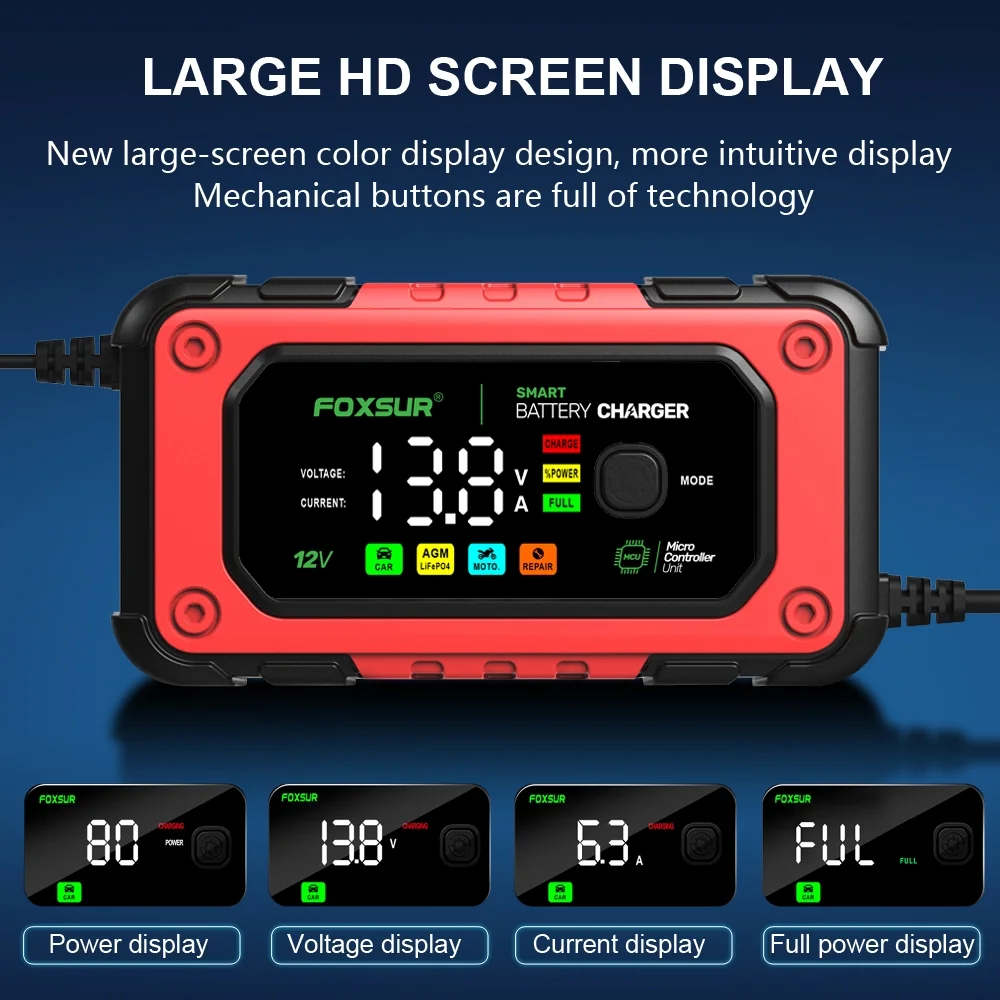 FOXSUR Car Battery Charger 12V 7A Maintainer Trickle Charger Motorcycle For Car Motorcycle Lawnmower Boat AGM Lead Acid LiFePO4 - Inhomebuy