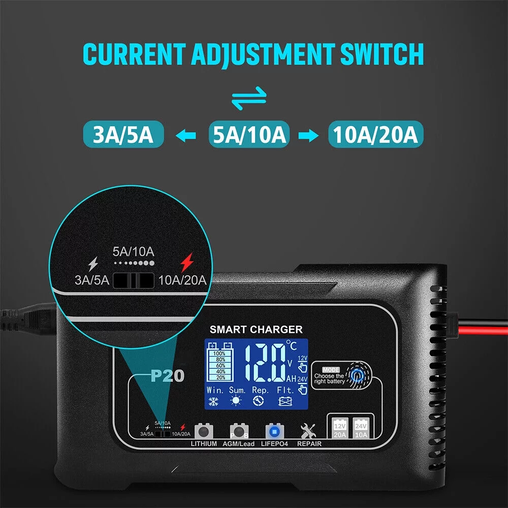 JahyShow Intelligent 12V/24V Battery Charger - Fast Charging with LCD Display, 20A Amp - Inhomebuy