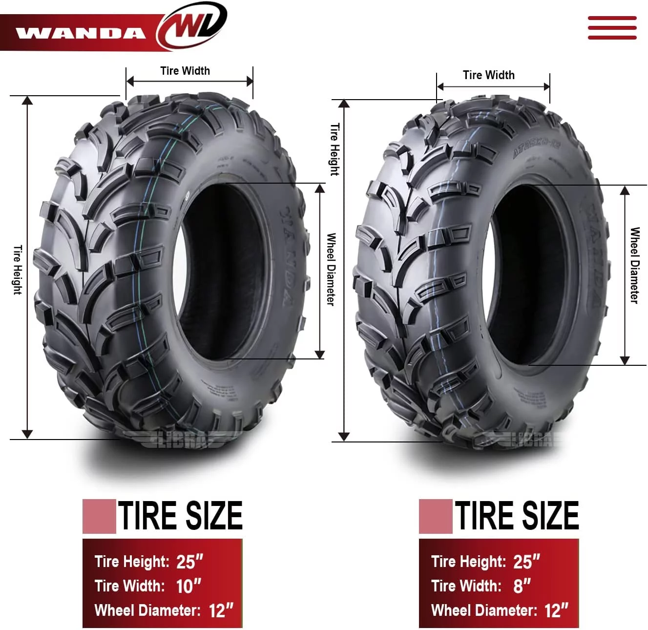 Wanda ATV/UTV Tires 25x8-12 Front & 25x10-12 Rear /6PR P373, Set 4 - Inhomebuy