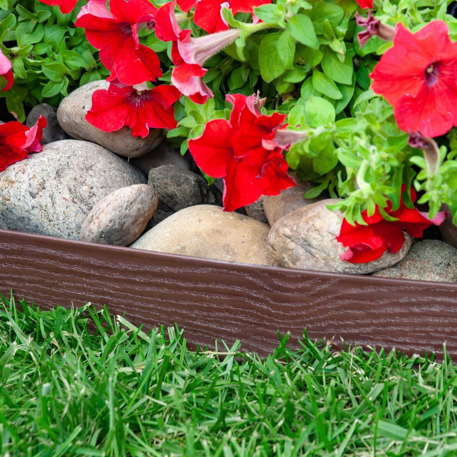 EasyFlex Tall Wall No-Dig Landscape Edging with Anchoring Spikes 2.5 in. Tall Straight Top Plastic Garden Border with Woodgrain Texture - Inhomebuy