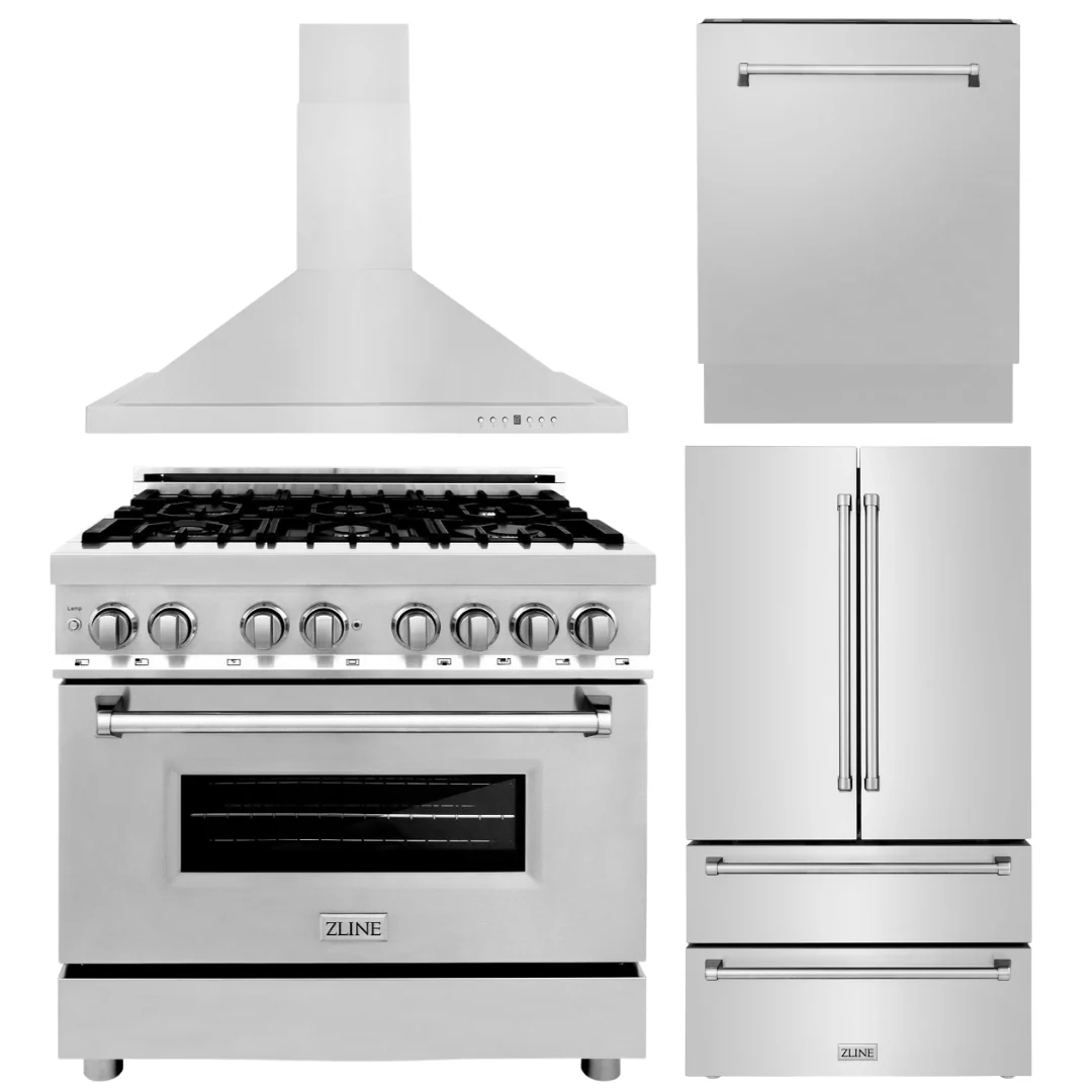 ZLINE Appliance Package - 36 in. Dual Fuel Range, Range Hood, 3 Rack Dishwasher, Refrigerator, 4KPR-RARH36-DWV - Inhomebuy