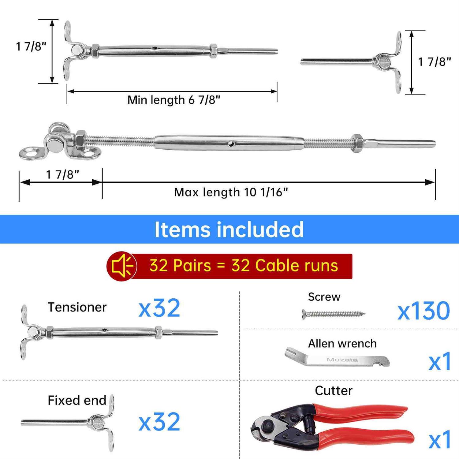 Muzata Cable Railing Kit 1/8 Swage Toggle Turnbuckle Hardware T316 Stainless Steel For Wood Post Woodeasy System Angle 180° Adjustable - Inhomebuy