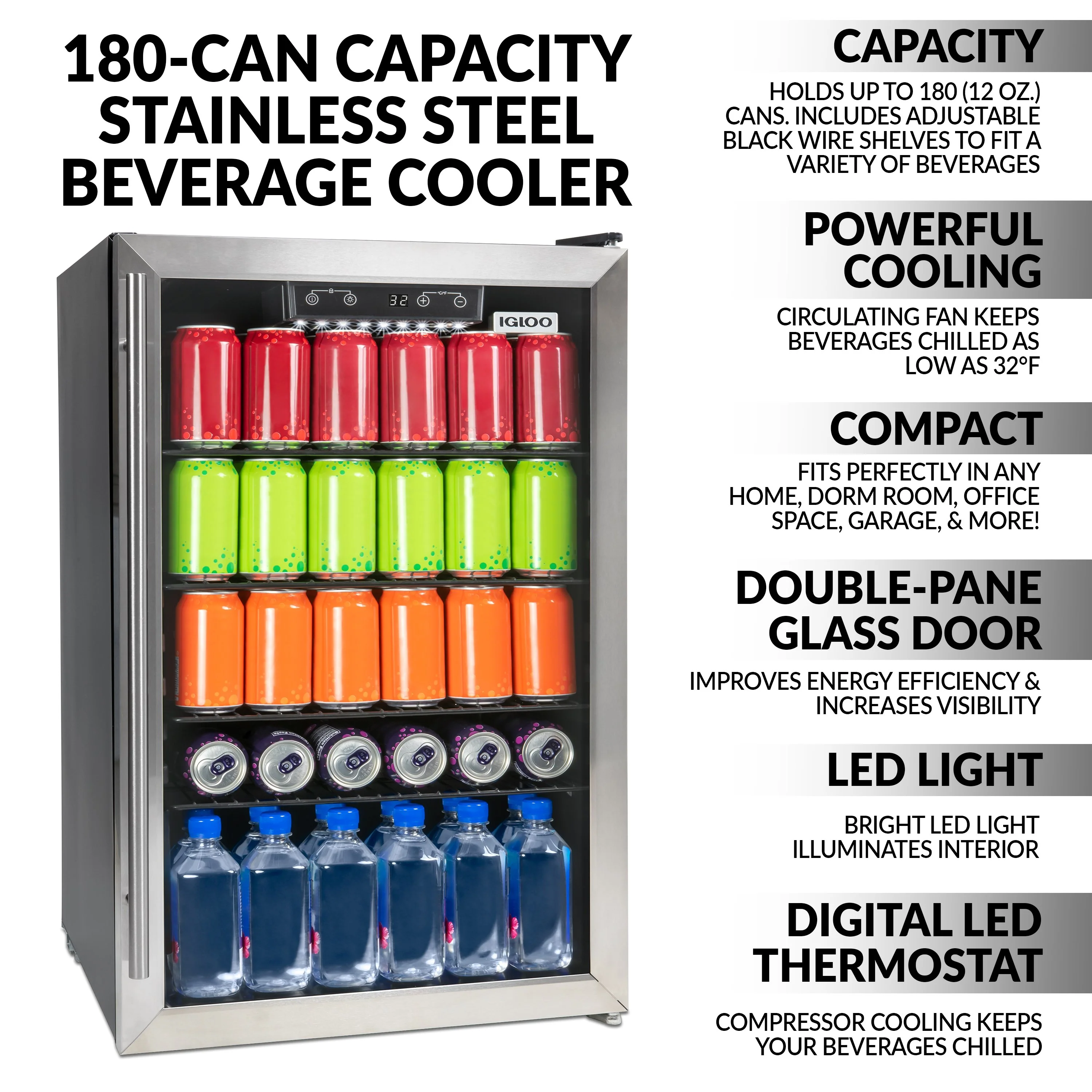 Igloo® 4.1 Cu. Ft. 180 Can Stainless Steel Beverage Cooler with Fan - Inhomebuy