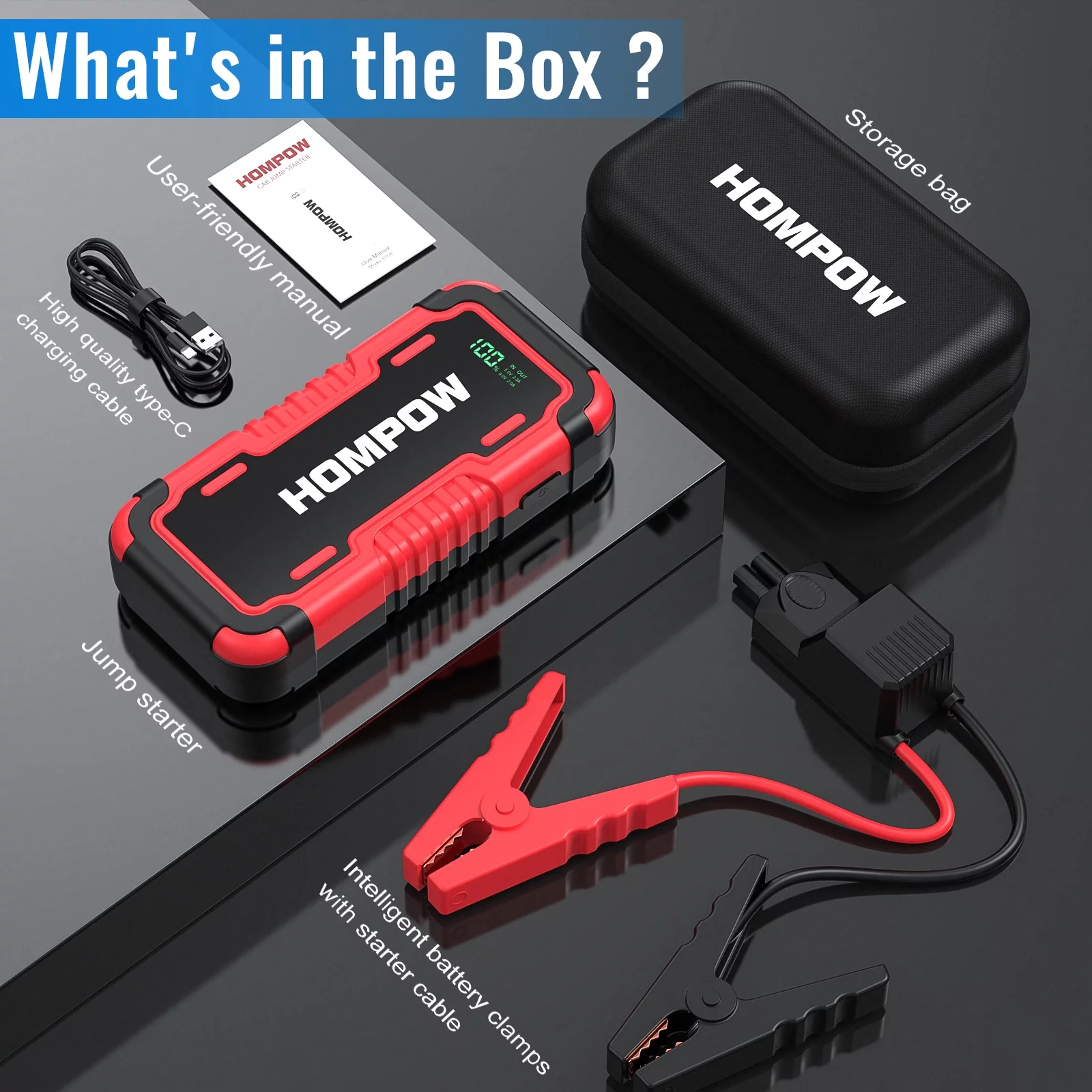 Car Jump Starter, HOMPOW 2000A Peak 18000mAh Lithium Jump Starter Battery Pack for up to 8L Gas or 6L Diesel Engine, Safe 12V Portable Battery Starter Power Pack with LED Screen & LED Light - Inhomebuy