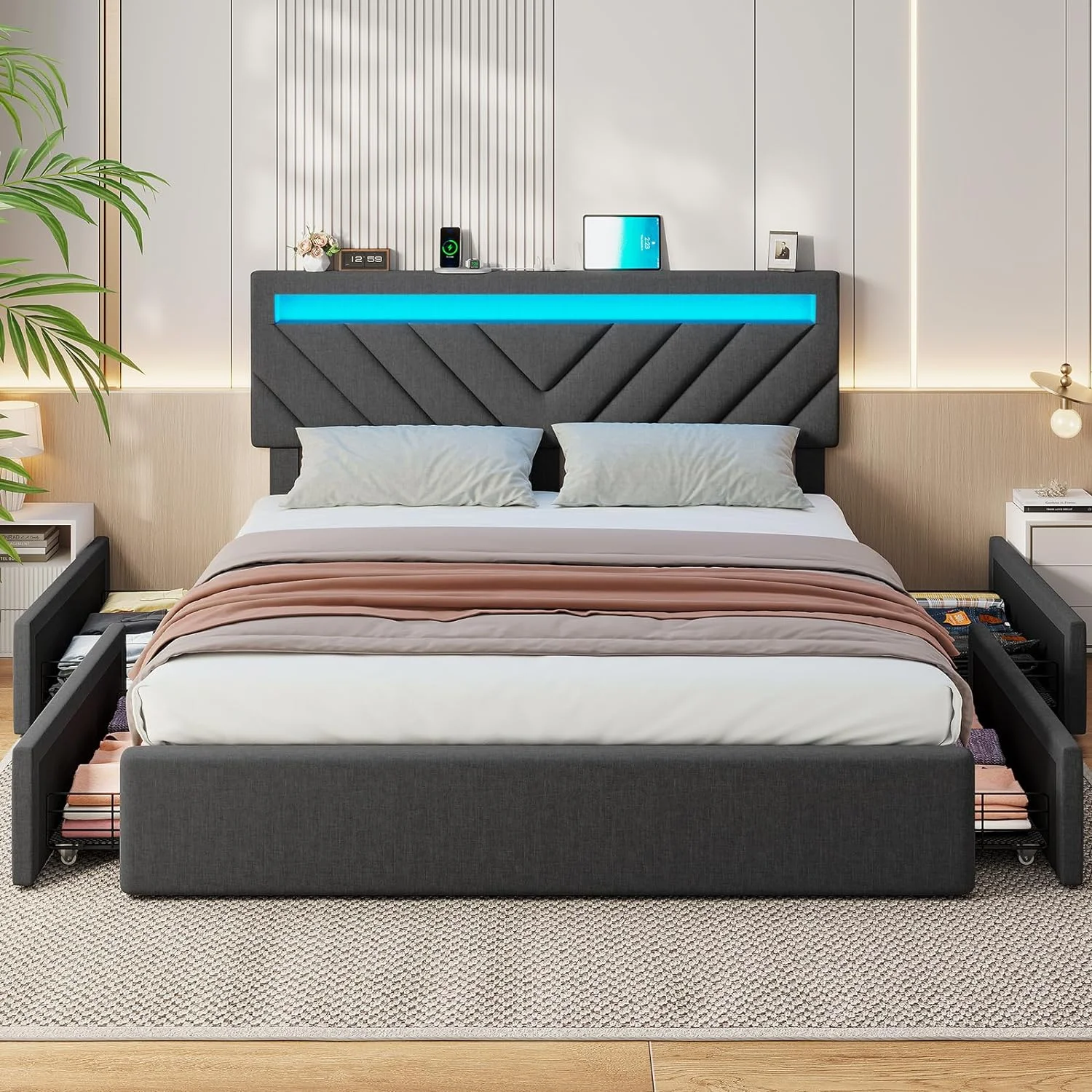 ADORNEVE Queen Size LED Bed Frame with Drawers, Upholstered Platform Bed with 2 USB Charging Station, No Box Spring Needed, Light Grey - Inhomebuy