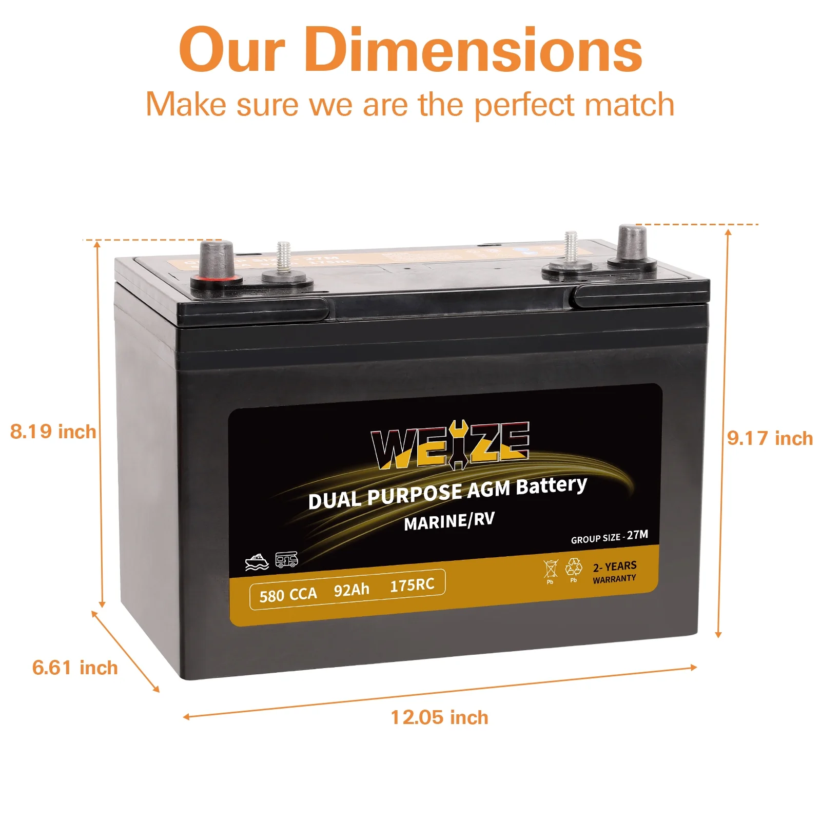 Weize 12V 80AH Dual Purpose AGM Battery, 150RC 550CCA BCI Group 24M Starter & Deep Cycle Sealed Marine & RV Battery - Inhomebuy