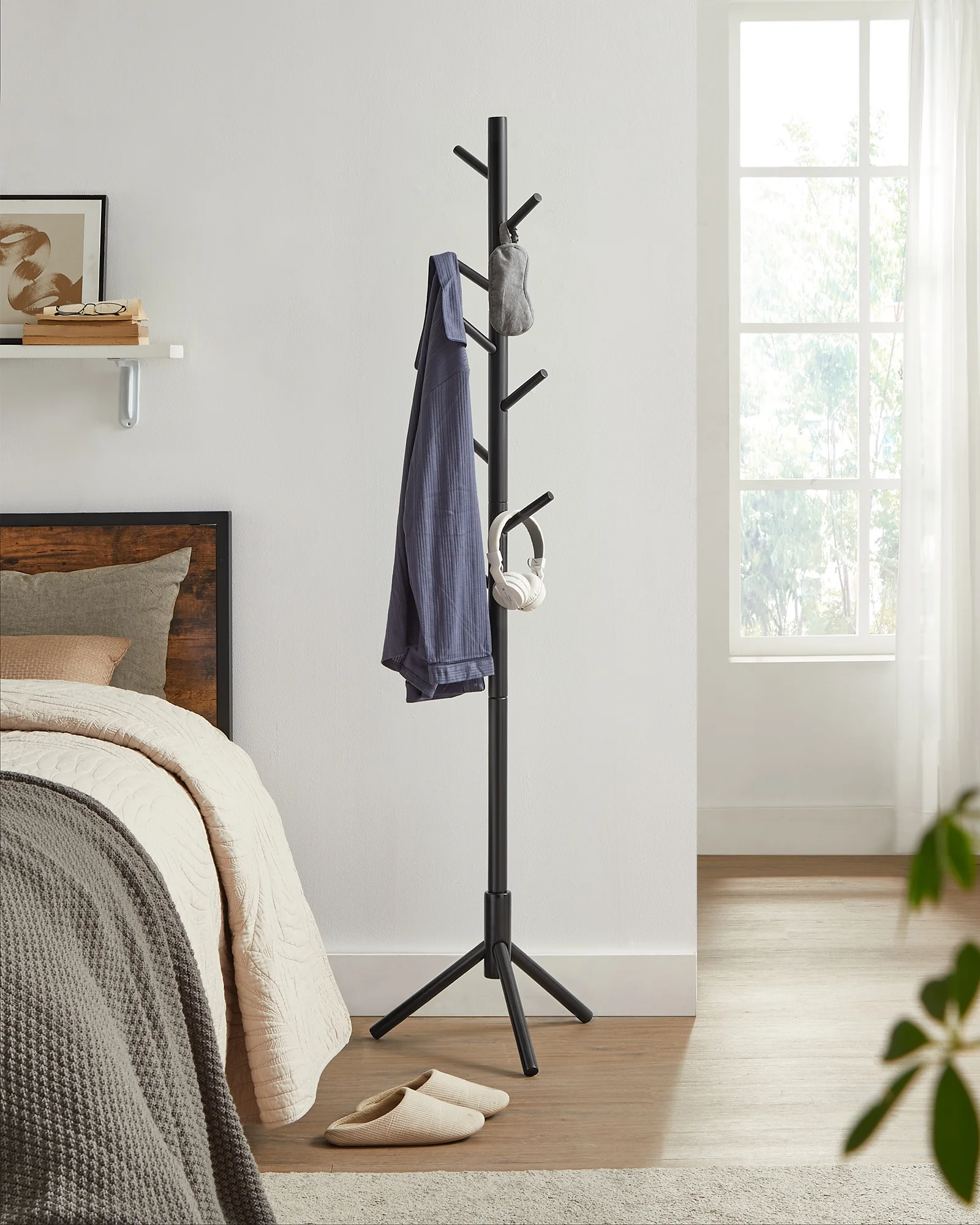 VASAGLE Coat Rack Solid Wood Free Standing Coat Rack Tree-Shaped Coat Rack with 8 Hooks for Clothes Hats Bags for Living Room Bedroom Dark Walnut - Inhomebuy