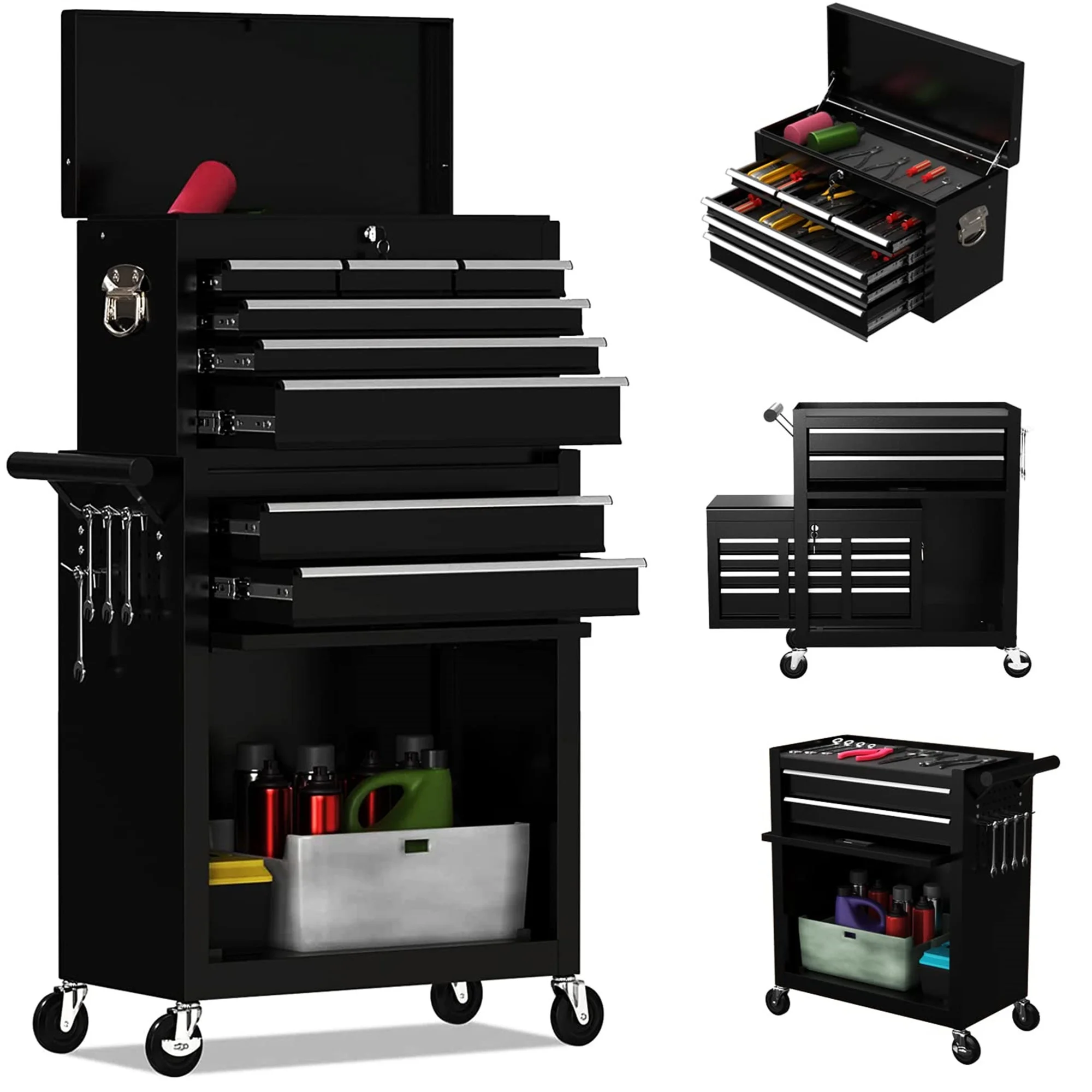 Aukfa Tool Chest, 2 in 1 Steel Rolling Tool Box & Cabinet On Wheels for Garage, 8-Drawer, Black - Inhomebuy