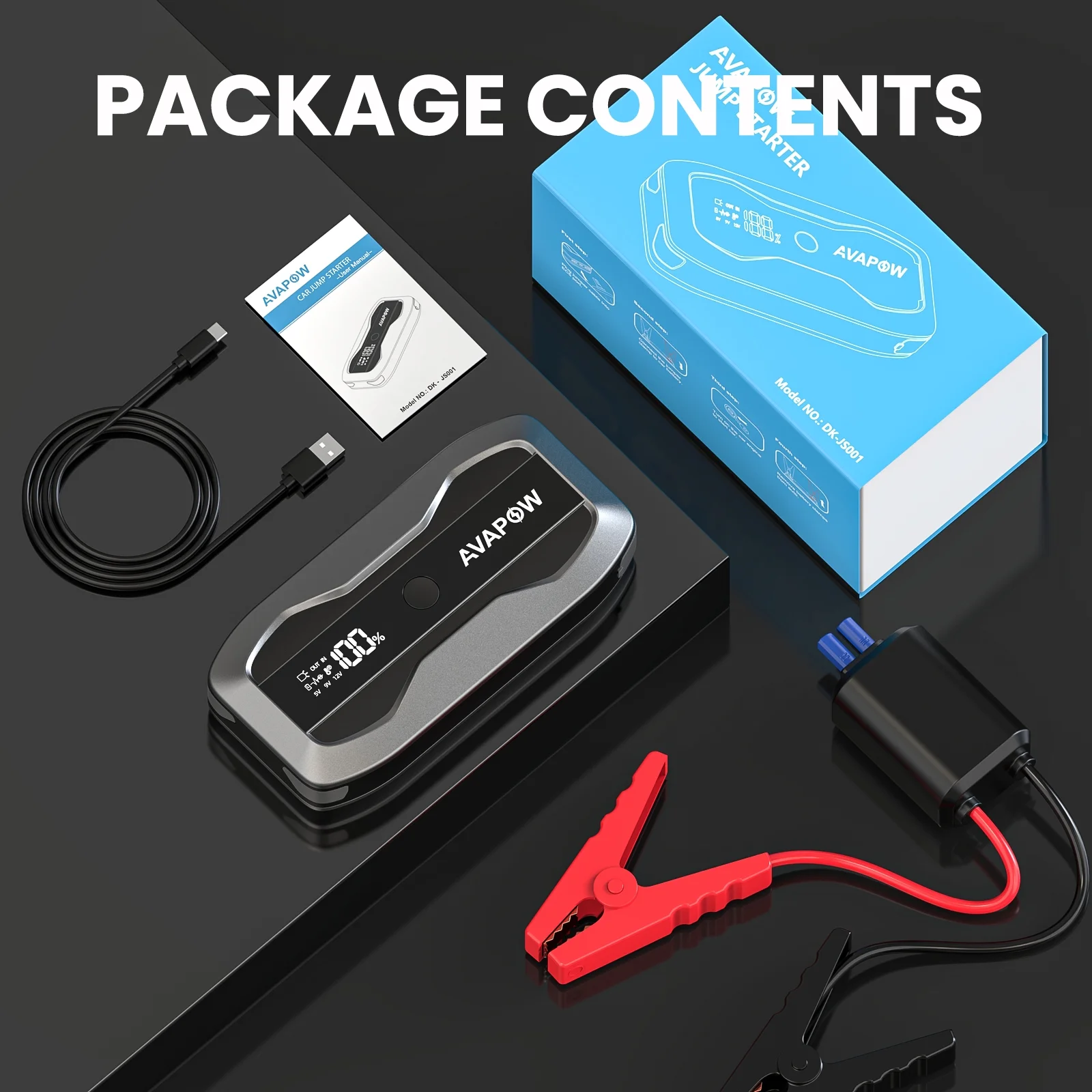 AVAPOW 2000A Car Jump Starter Powerful Car Jump Starter with USB Quick Charge and DC Output, 12V Peak Portable with Built-in LED Bright Light - Inhomebuy