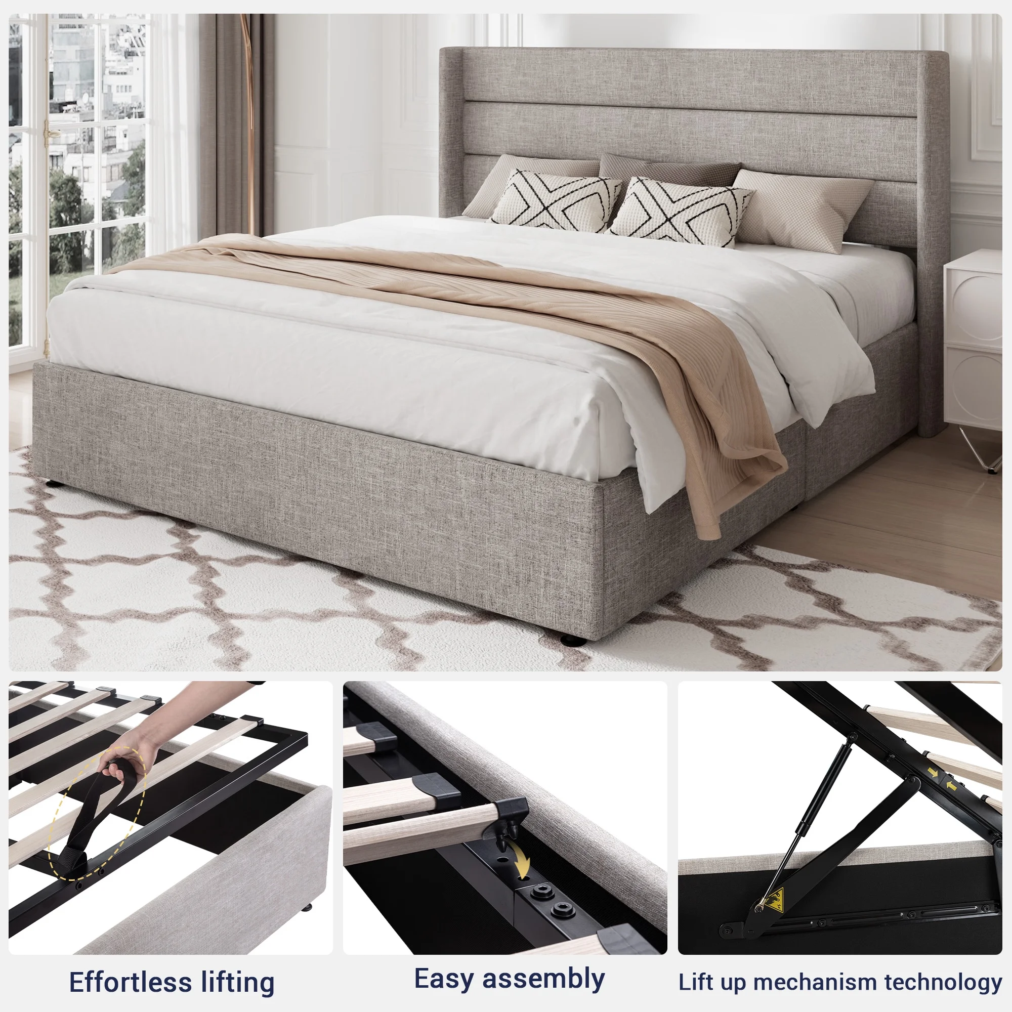 Allewie Queen Size Lift Up Platform Storage Bed Frame with Pannel Wingback Headboard, Light Beige - Inhomebuy