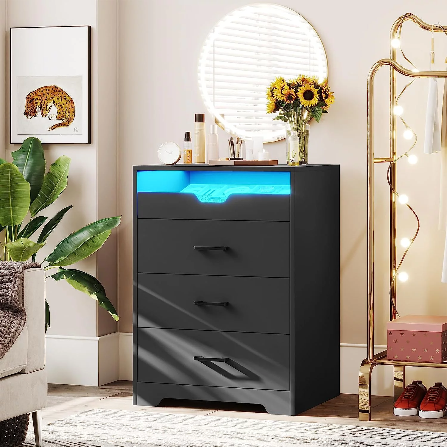 3 Drawers Dresser with LED Lights, Tall Dresser with Pull-Out Tray, Black - Inhomebuy
