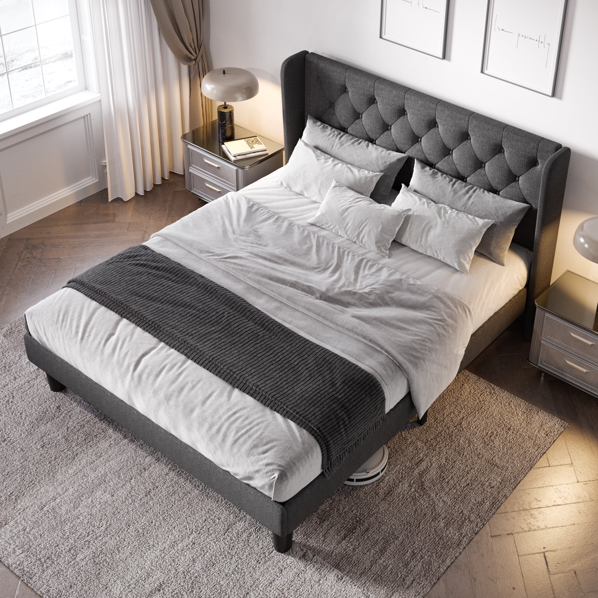 Allewie Queen Size Upholstered Platform Bed Frame with Wingback and Button Tufted Headboard, Dark Grey - Inhomebuy