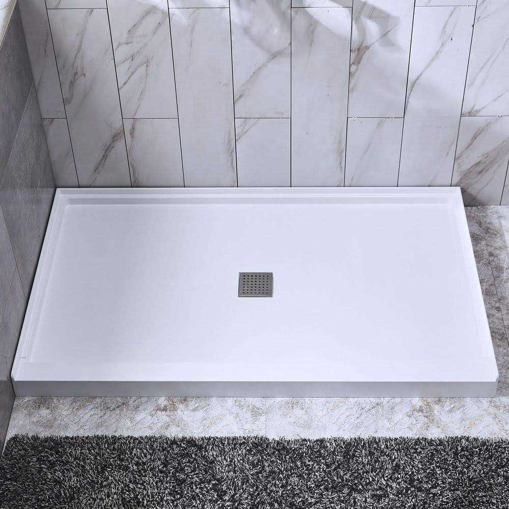 WoodBridge Krasik 60 in. L x Alcove Solid Surface Shower Pan Base Drain in White Cover SBR - Inhomebuy