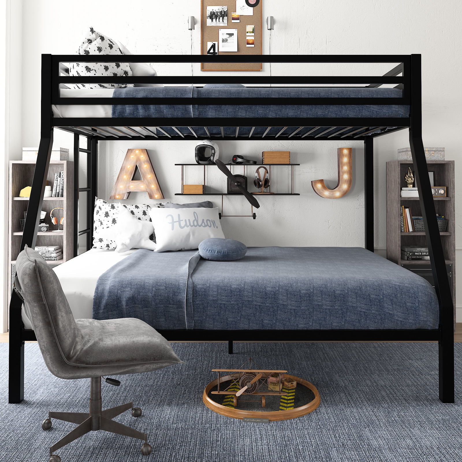 Amolife Twin Over Full Metal Bunk Bed with Removable Stairs, Fullength Guardrail, Black - Inhomebuy