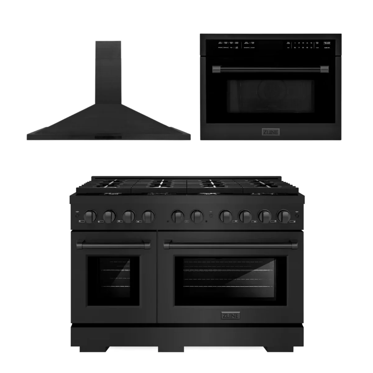 ZLINE Appliance Package - 48 in. Gas Range, Range Hood, Microwave Oven in Black, 3KP-SGRBRH48-MO - Inhomebuy
