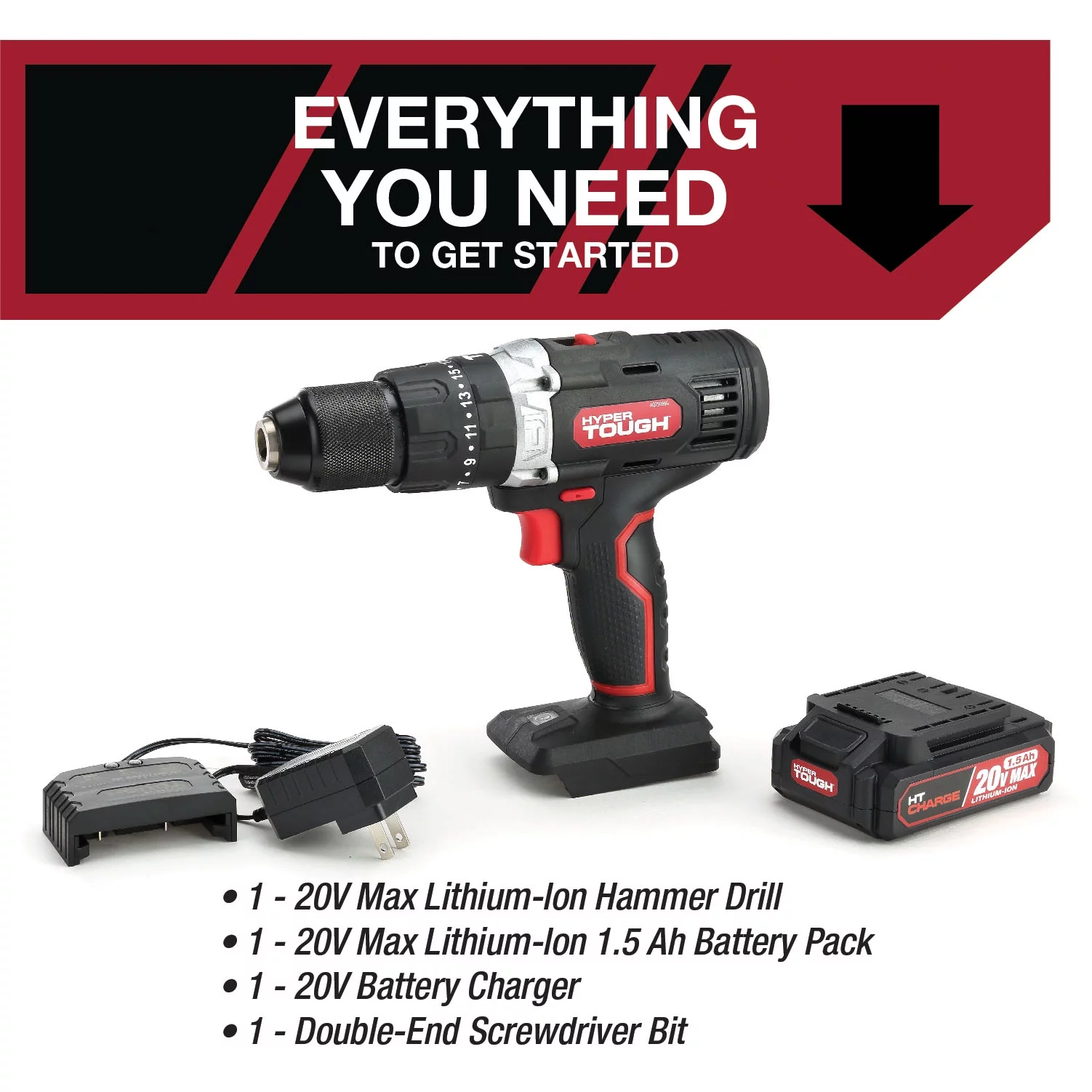 Hyper Tough 20V Max Lithium-Ion Cordless Hammer Drill, 1/2 inch Chuck, 2 Speeds with 1.5Ah Lithium-ion Battery & Charger, Bit Holder & LED Light - Inhomebuy