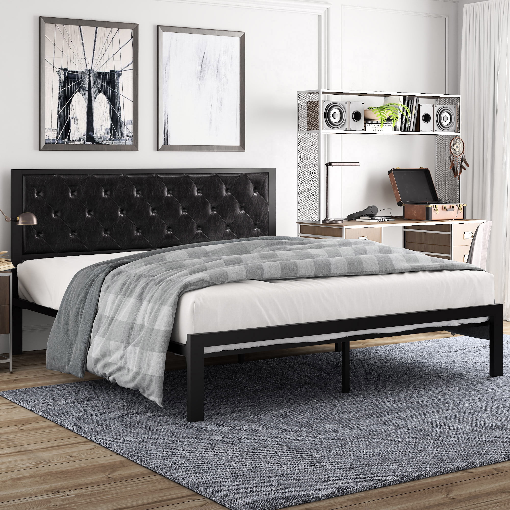 Amolife Twin Size Metal Bed Frame with Upholstered Headboard, Dark Grey - Inhomebuy