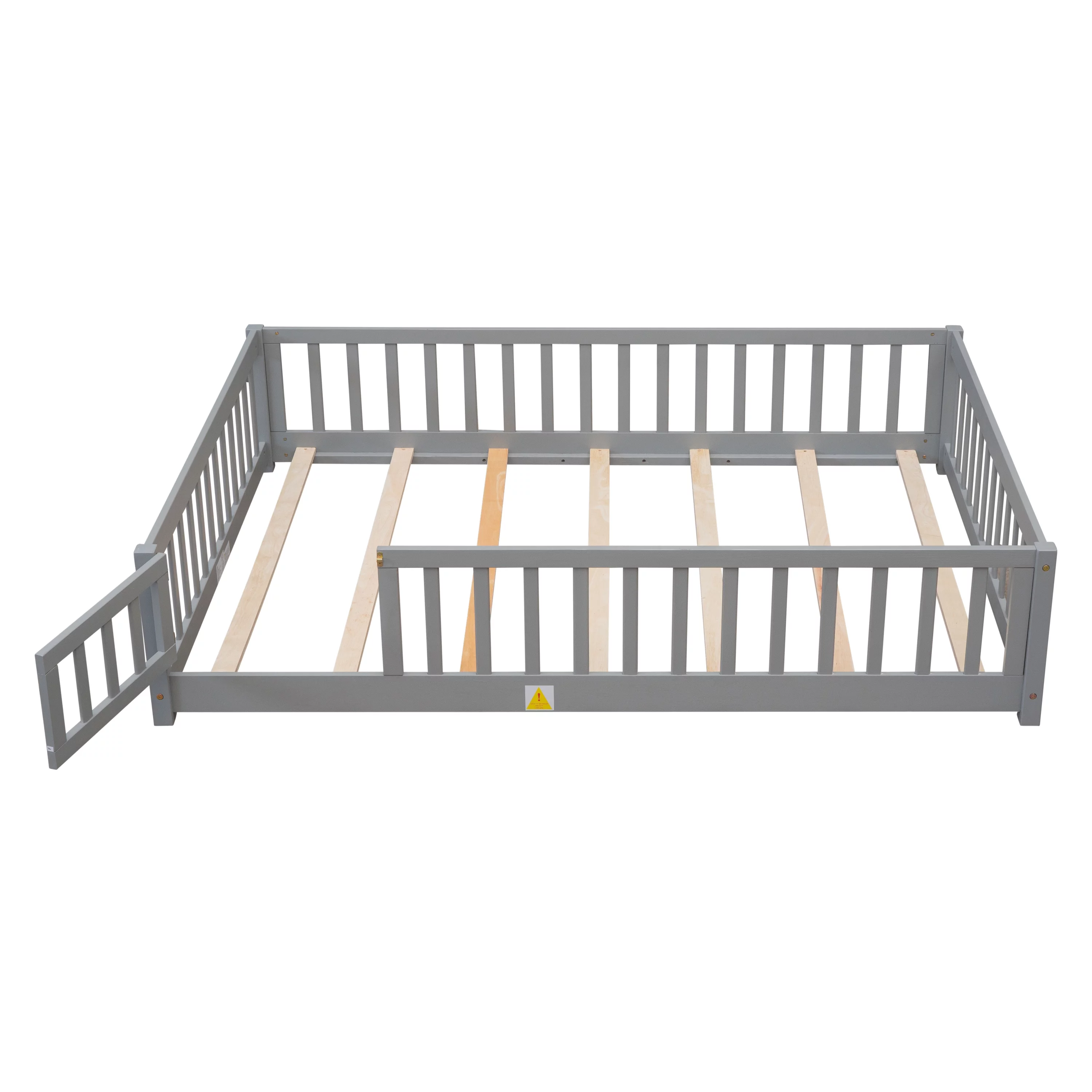 uhomepro Kids Toddler Bed with Fence and Door, Full Size Platform Bed Floor Bed, Wood Bed Frame No Box Spring Needed, Gray - Inhomebuy