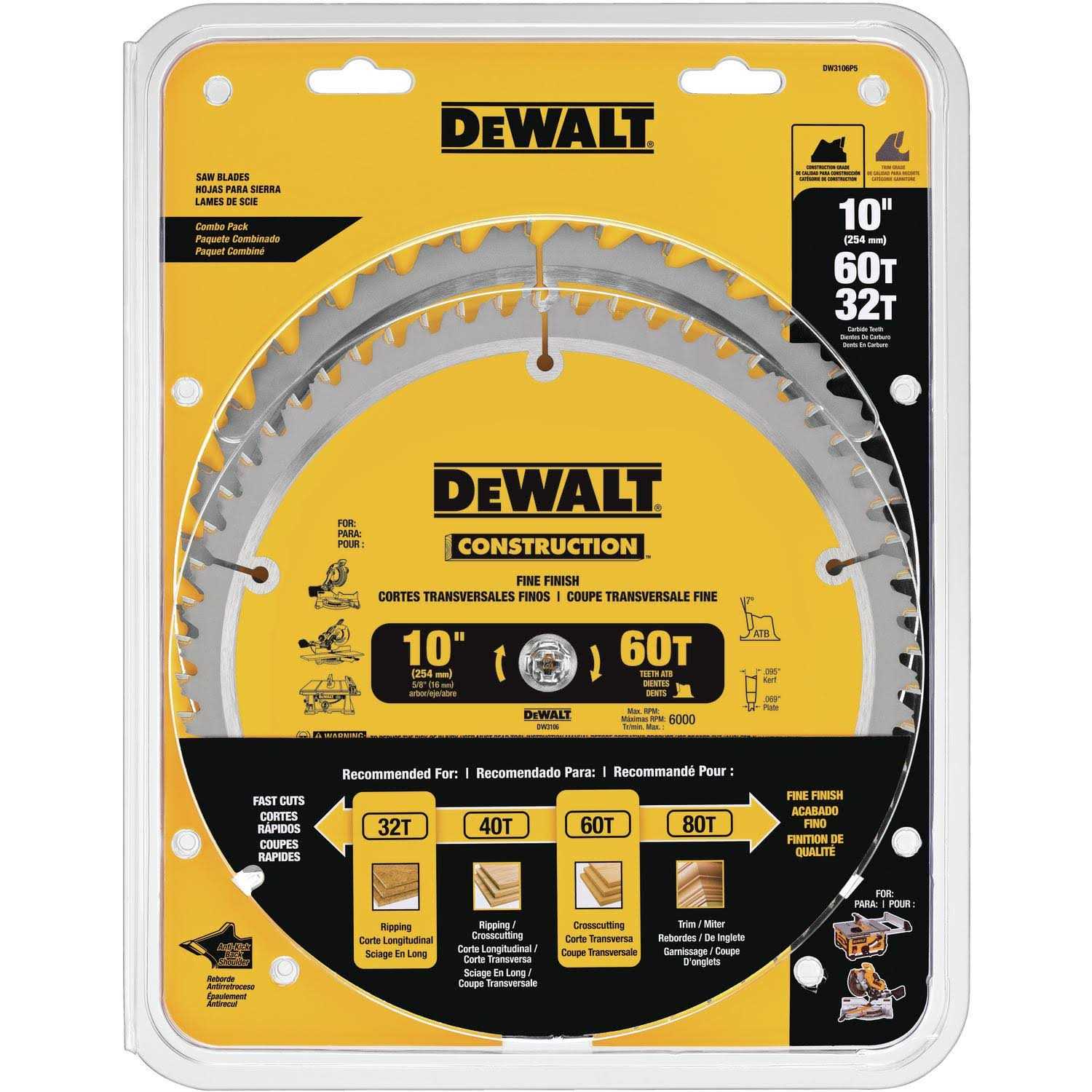 DW 10-in 60T and 10-in 32T Saw Blade - Inhomebuy