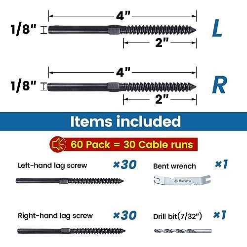 Muzata 1/8 Invisible Cable Railing Kit Lag Screw Cable Genie Tensioner Hidden T316 Stainless Steel for 4×4 6×6 8×8 Wood Posts Deck - Inhomebuy