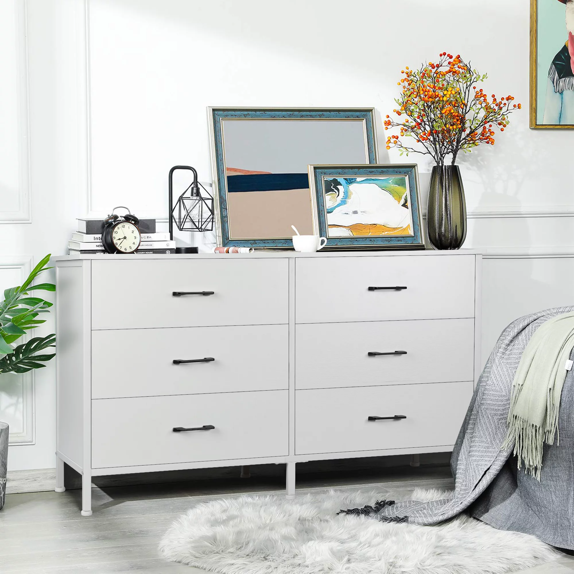 47.3'' Drawer Dresser Chest of 6 Drawers, Storage Dresser Tower for Bedroom, Living Room, Hallway, Nursery, White Storage Cabinet Wooden Dresser with Steel Frame, White - Inhomebuy