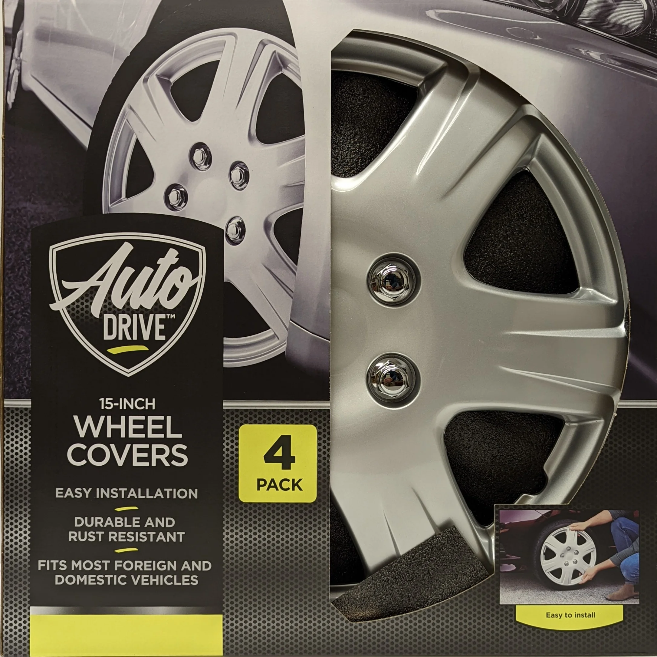 15-inch Wheel Cover, Silver Alloy Finish, Auto Drive Brand, ABS Plastic Material, Mfg Part No. KT993-15SL - Inhomebuy