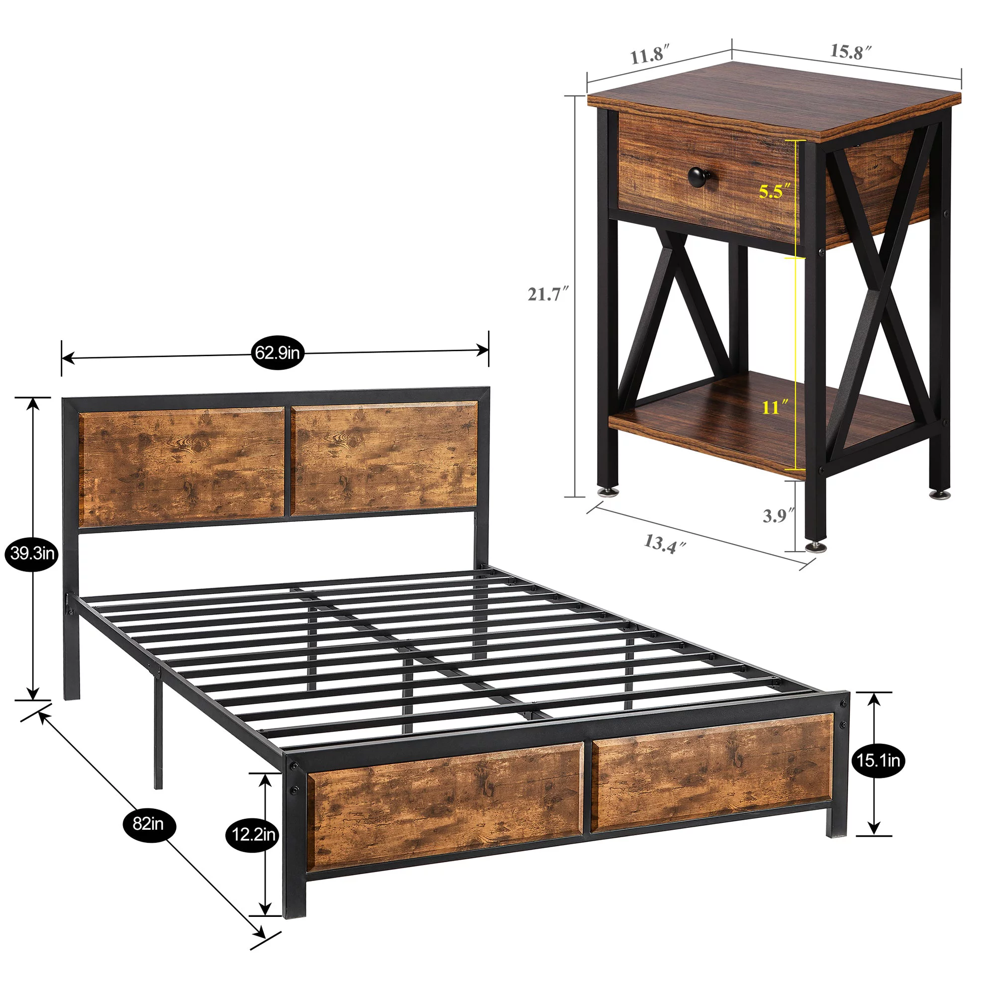 VECELO 3-Piece Bedroom Set with Queen Size Bed Frame and 1-Drawer Brown Nightstands - Inhomebuy