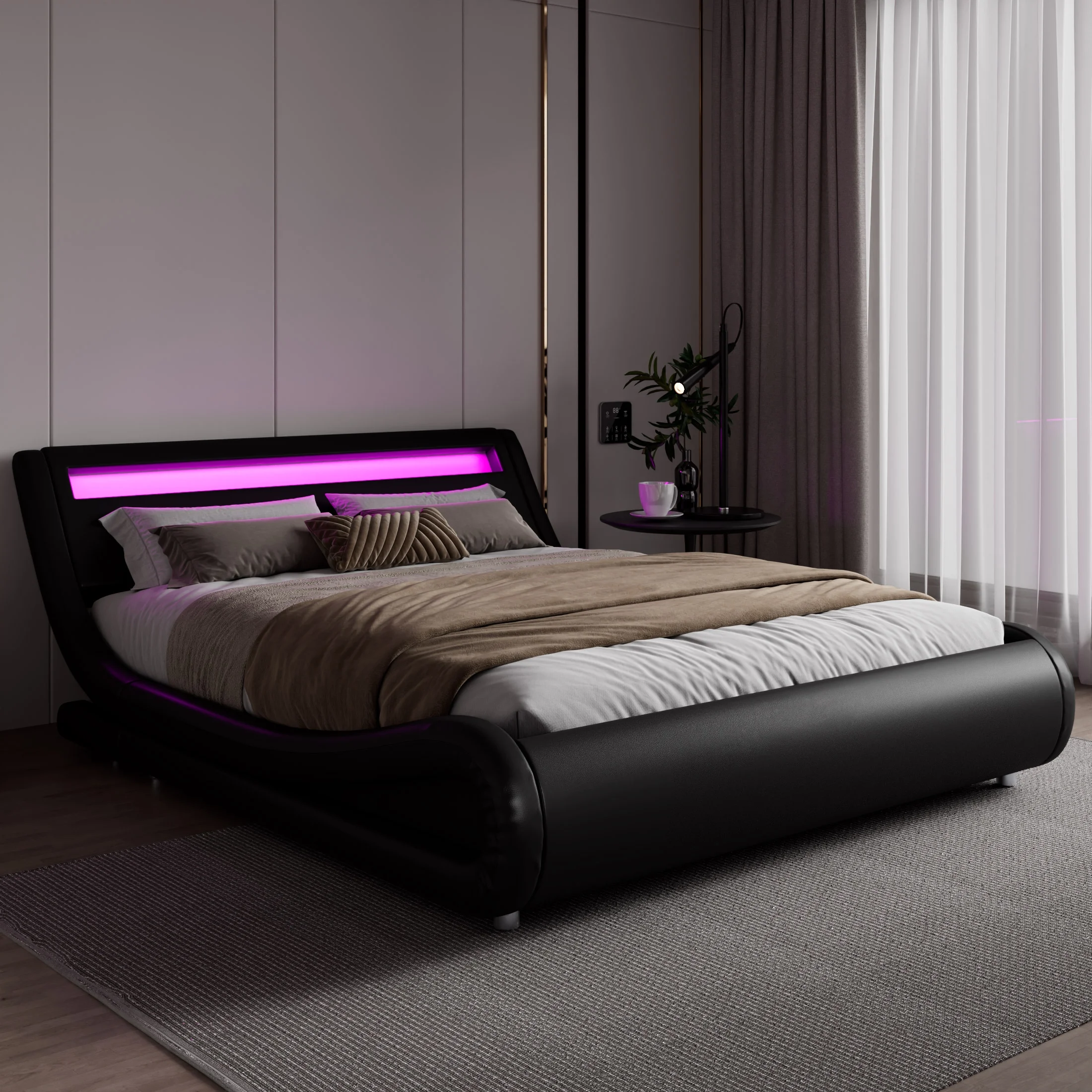 Amolife Queen Size Wave-Like Curve Deluxe Upholstered Modern Bed Frame with LED Headboard, Black - Inhomebuy